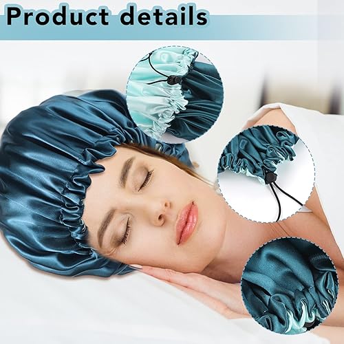 Miniatura 5 de Paquete de 2 gorros de satén para dormir, gorra de satén ajustable de doble capa para cabello natural y rizado