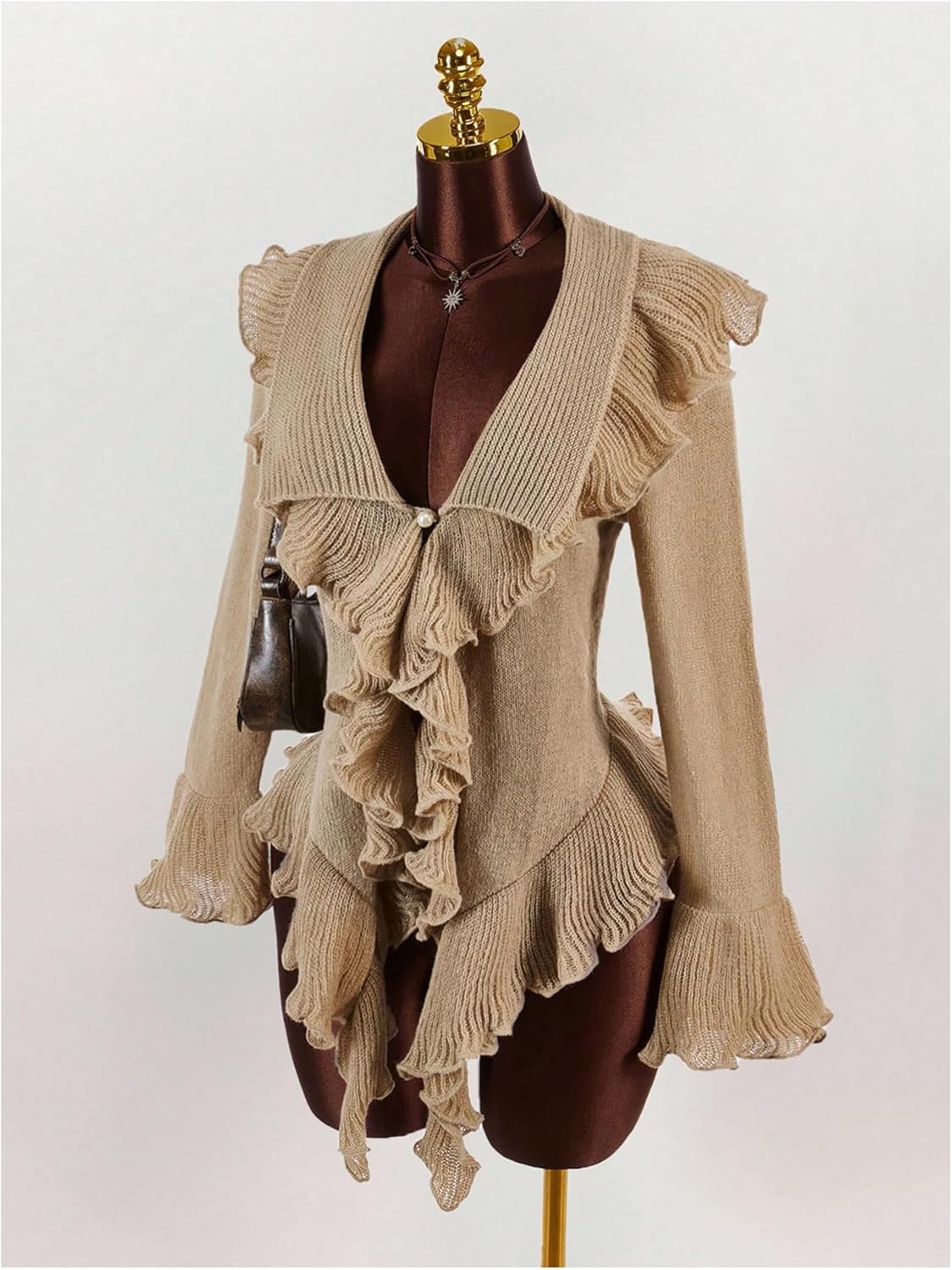 MakeMeChic Women's Y2k Ruffle Tops Cardigan Sweater Bell Sleeve Asymmetrical Tops Collared Lightweight Sweater