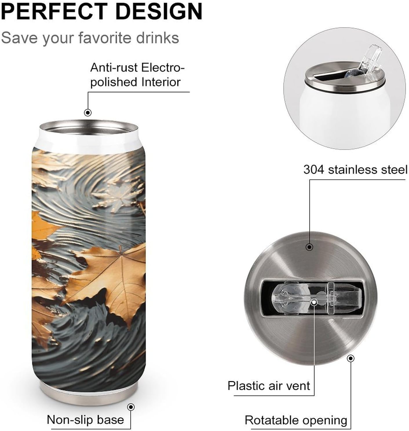 Stainless Steel Cups Fall Leaves Printed Coke Cup Stainless Steel Insulated Cups with Lid And Straw