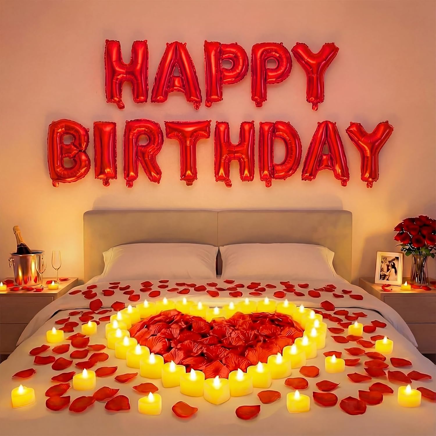 Black Happy Birthday Balloons Decorations Happy Birthday Letter Balloons Banner Set with 24pcs Heart Flameless LED Candles and 2000pcs Artificial Rose Petals for Women Men Room Party Decor