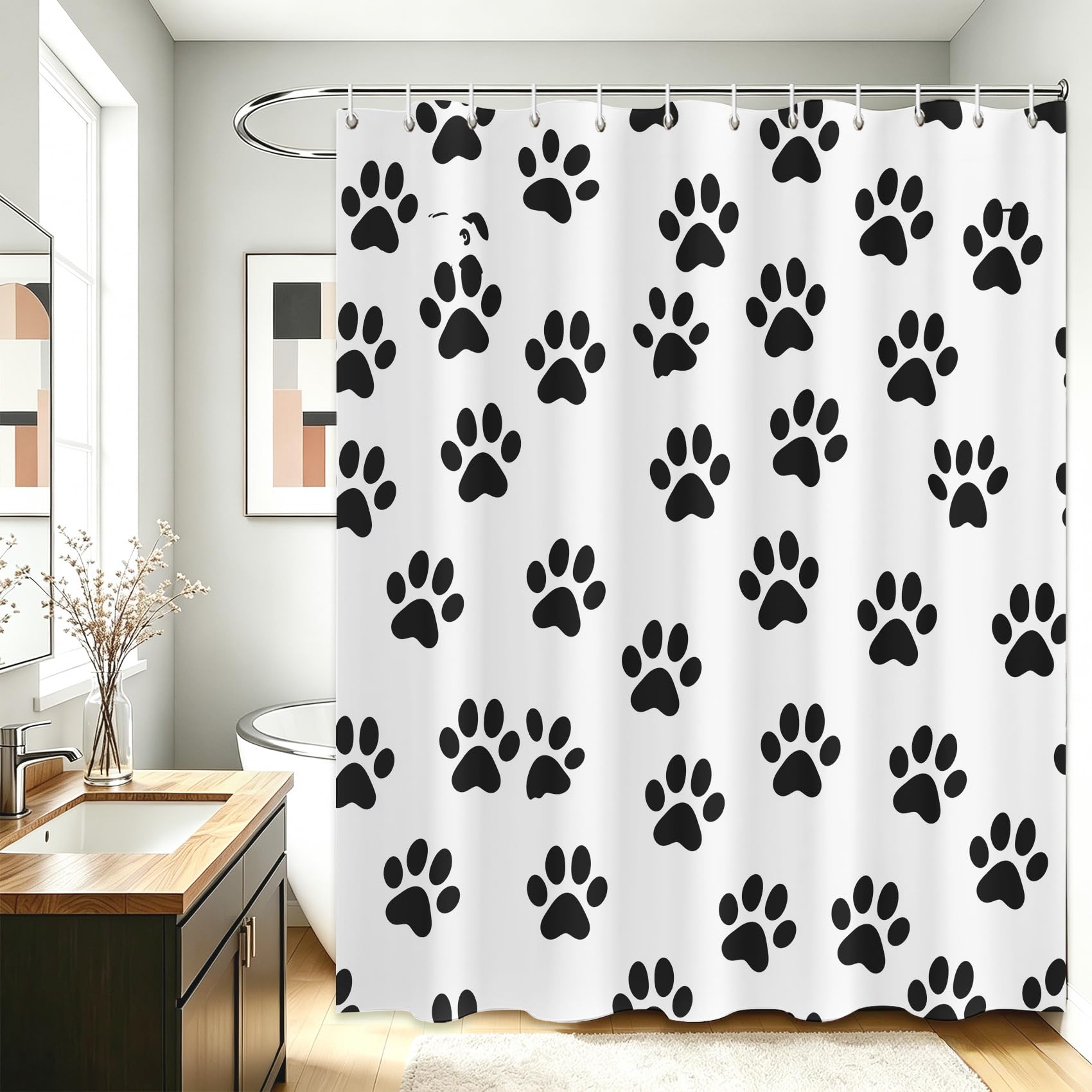 Générique Rideau de Douche Empreinte de Patte Noir Blanc 180x220cm | Rideau Douche Animaux de Compagnie Mignon Tissu Polyester Hydrofuge Rideau Baignoire pour Salle de Bain avec Crochets