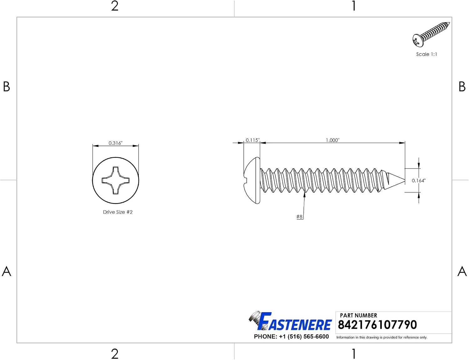#8 x 1 Pan Head Sheet Metal Screws, Stainless Steel 18-8, Full Thread, Bright Finish, Self-Tapping, Quantity 1000 by Fastenere