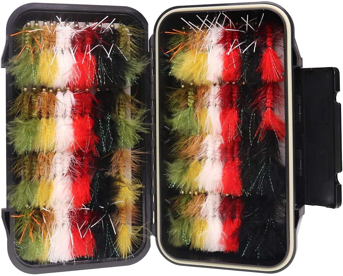 wifreo 30/90PCS Wooly Bugger Fly Fishing Lures Streamer Assortment with Waterproof Fly Box