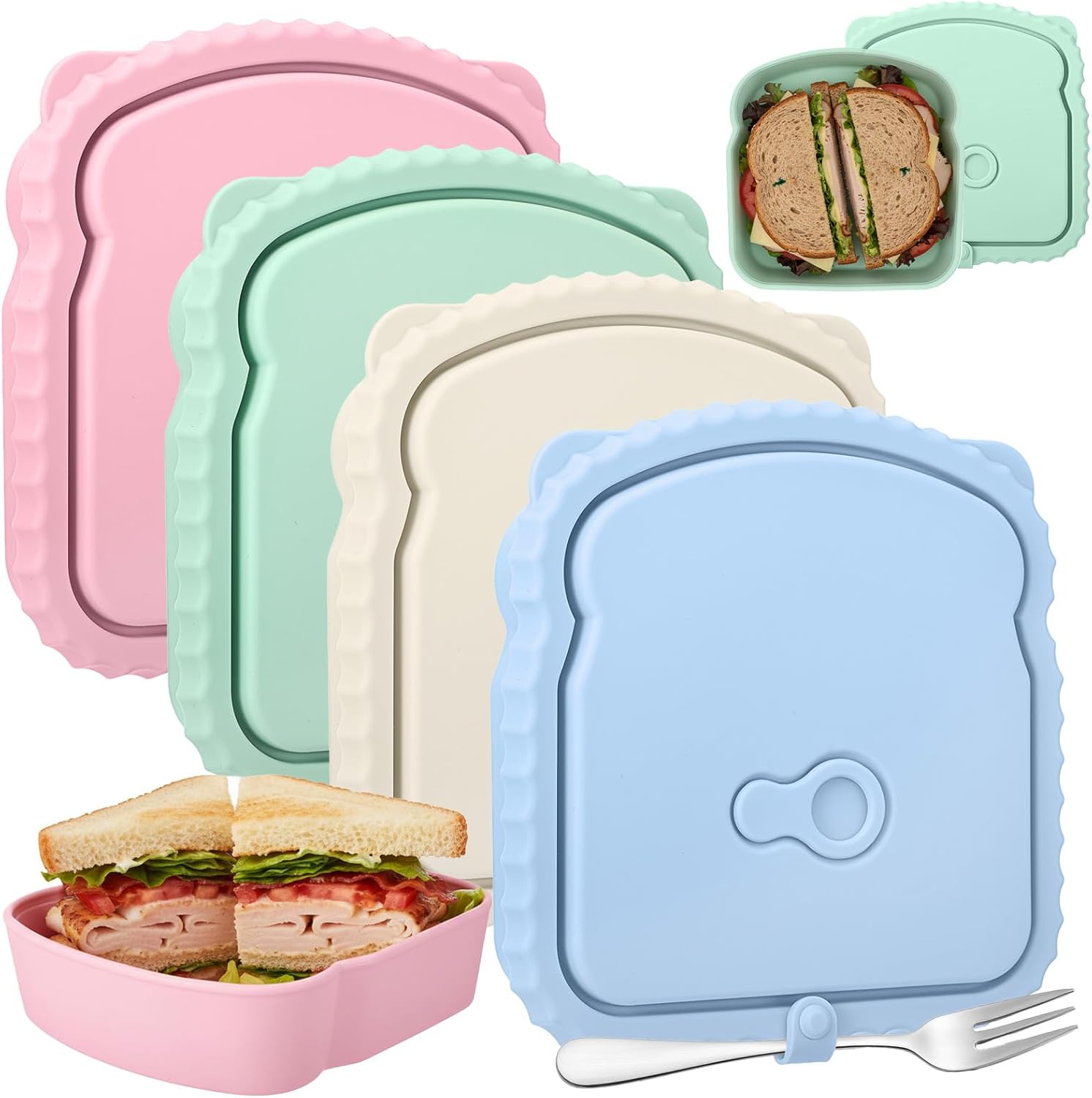 4 Pcs 20 oz Silicone Sandwich Containers Reusable Leakproof Sandwich Lunch Boxes Holder Toast Shape Food Storage with Lid for Office Camping Microwave Dishwasher Safe (Stylish Color)