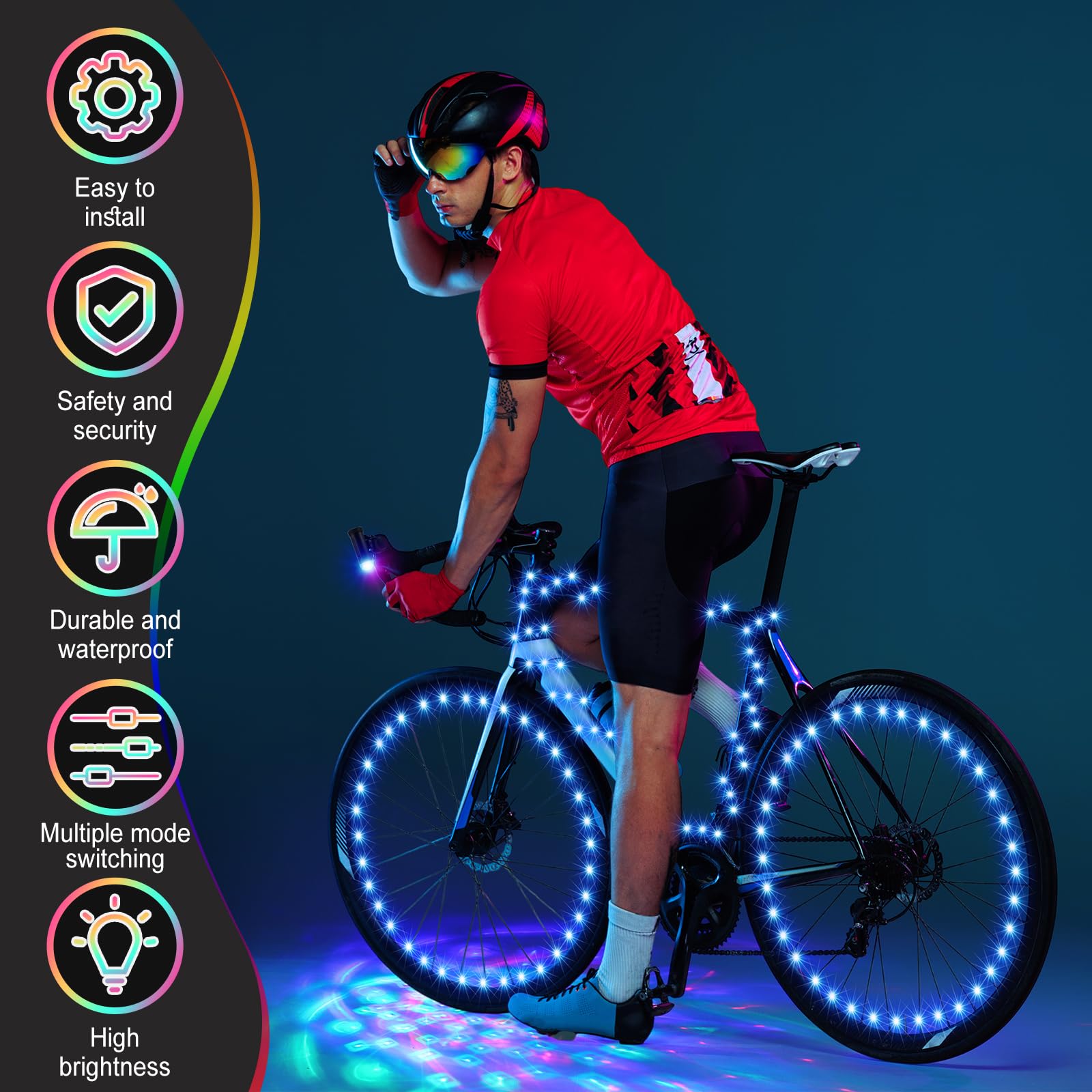 VIHOSE Lot de 4 lumières LED pour vélo disco avec 2 roues de vélo, 1 cadre lumineux à DEL et 1 phare avec piles pour vélo, discothèque, cadeaux de fête, équitation de nuit, étanche (bleu)