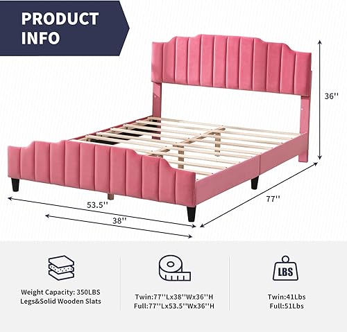Miniatura 2 de Zafly - Marco de cama de tamaño matrimonial para niños con cabecera y estribo, marco de cama para dormitorio infantil, plataforma de cama tapizada