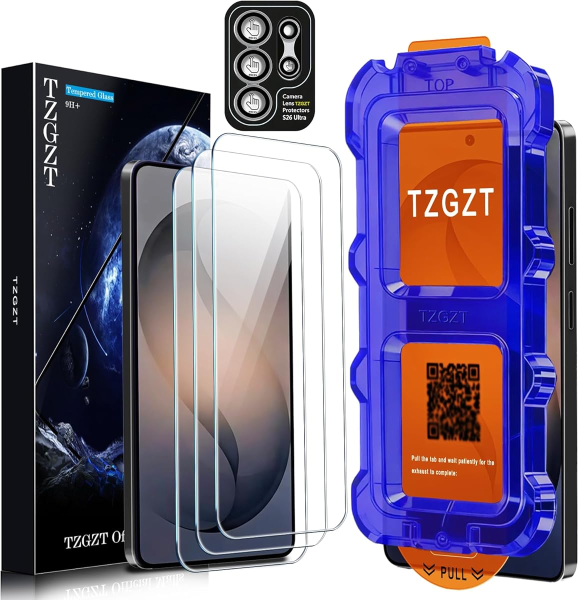TZGZT 3 Pack for Samsung Galaxy S26 Ultra Screen Protector Tempered Glass, Automatic 0 Bubble Installation, Aluminum Metal Camera Lens Protector Accessories, Case Friendly, 10X Stronger Shatterproof