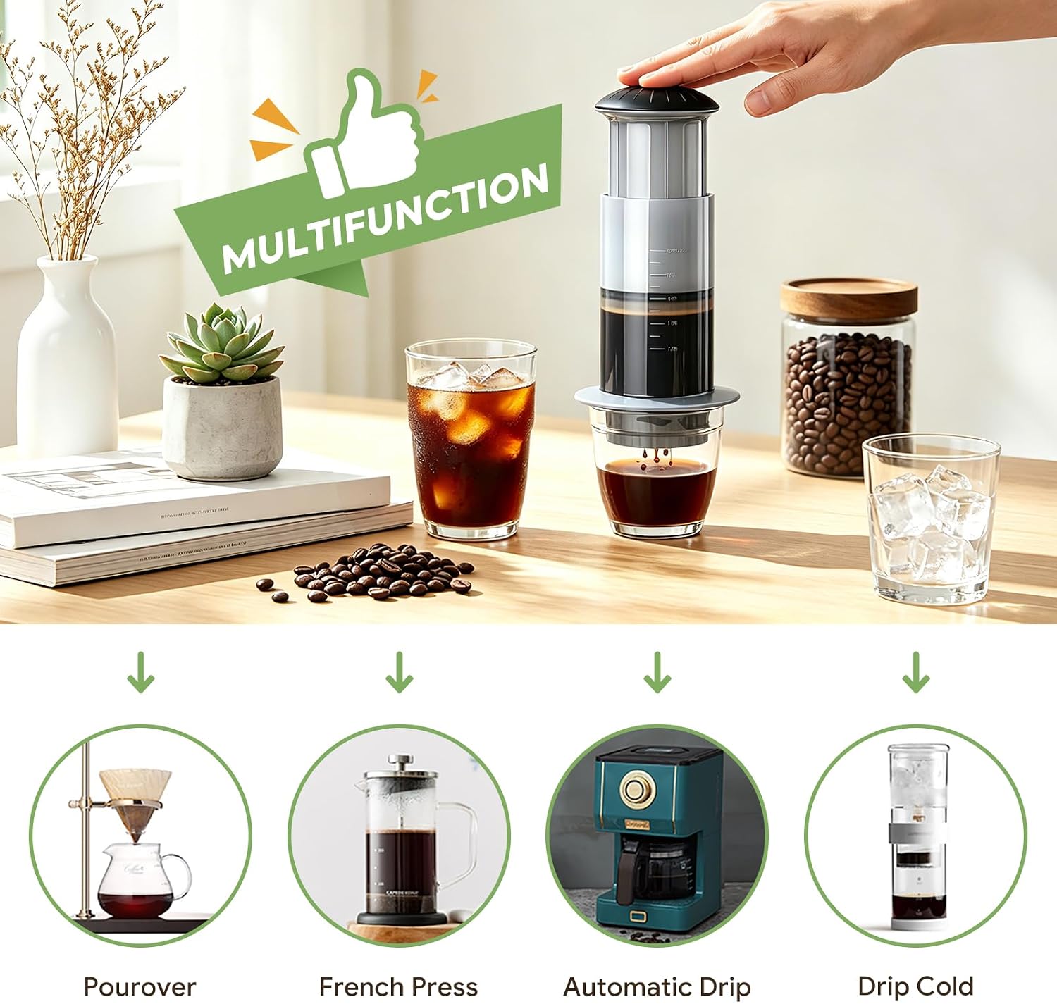 Portable French Press Coffee Maker– Real Coffee, No Plastic Waste, 1–3 Cups, 3-in-1 Micro-Filtration, Fast Brew in 1 Minute, Ideal for Commuter, Office, Camping & Outdoor