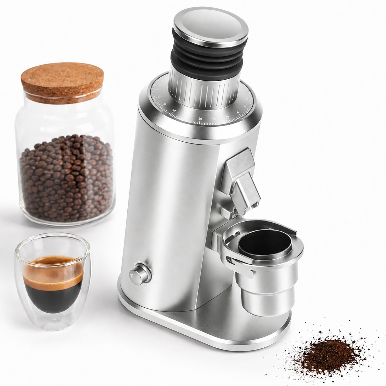 vnmudzeo Professional Coffee Bean Grinder - 80mm Flat Burr Espresso Mill with Stepless Grind Dial, Variable Speed Motor, Magnetic Chute and Dosing Cup Silver