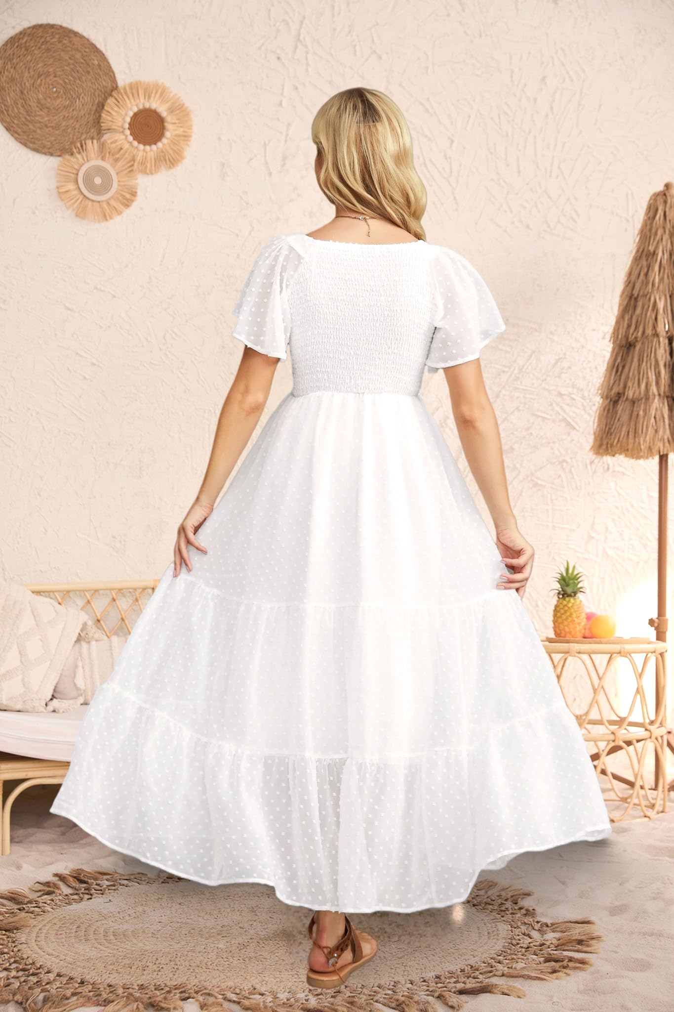 Vestido de maternidad con lunares suizos para baby shower, sesión de fotos, informal, cuello de pico, manga con volantes, cintura imperio, vestido bohemio escalonado