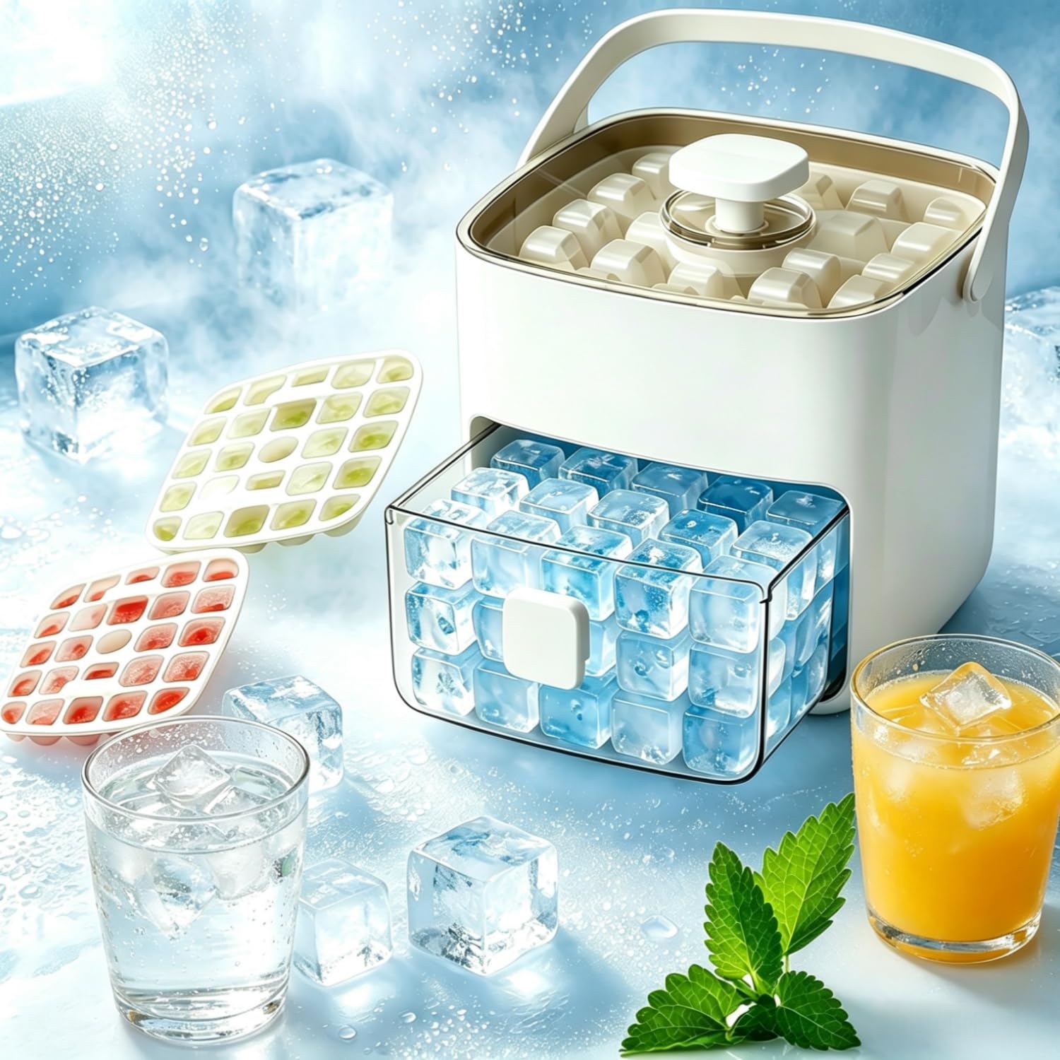 48 Cube Ice Maker with Easy Press Lid, Double Layer Portable Ice Maker with Lid and Storage Box for Freezer, Handled Press-Type Ice Cube Tray with Lid and Bin for Whiskey, Cocktail, Beer