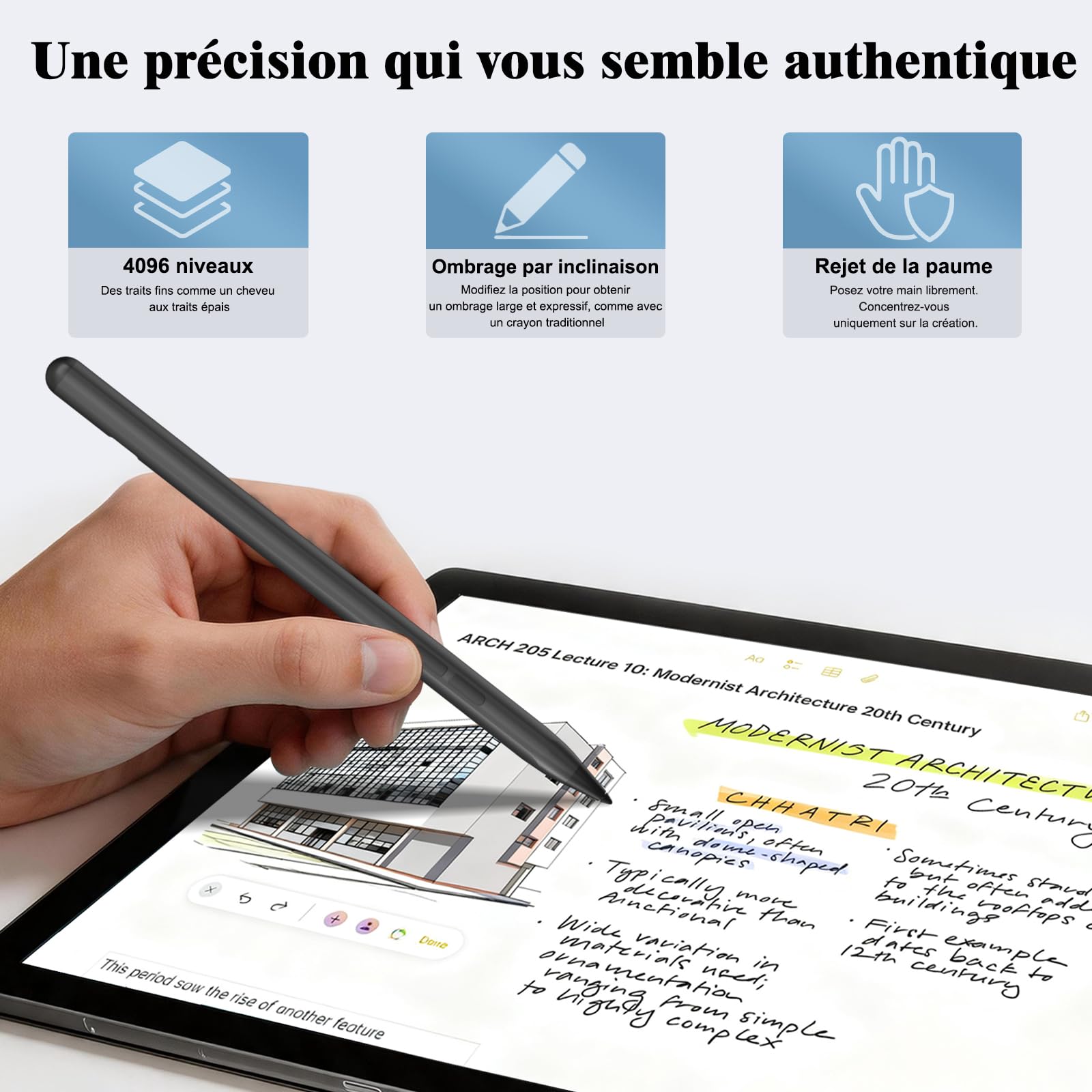 Stylet Microsoft Surface, 4096 Niveaux Pression, Inclinaison & Rejet de Paume, Magnétique, Charge Rapide 1H, Surface Pro 11/10/9/8/7/6/5/4/3/X, Go 4/3/2/1, Laptop 6-1, Studio, Book 3/2/1 (Gris)