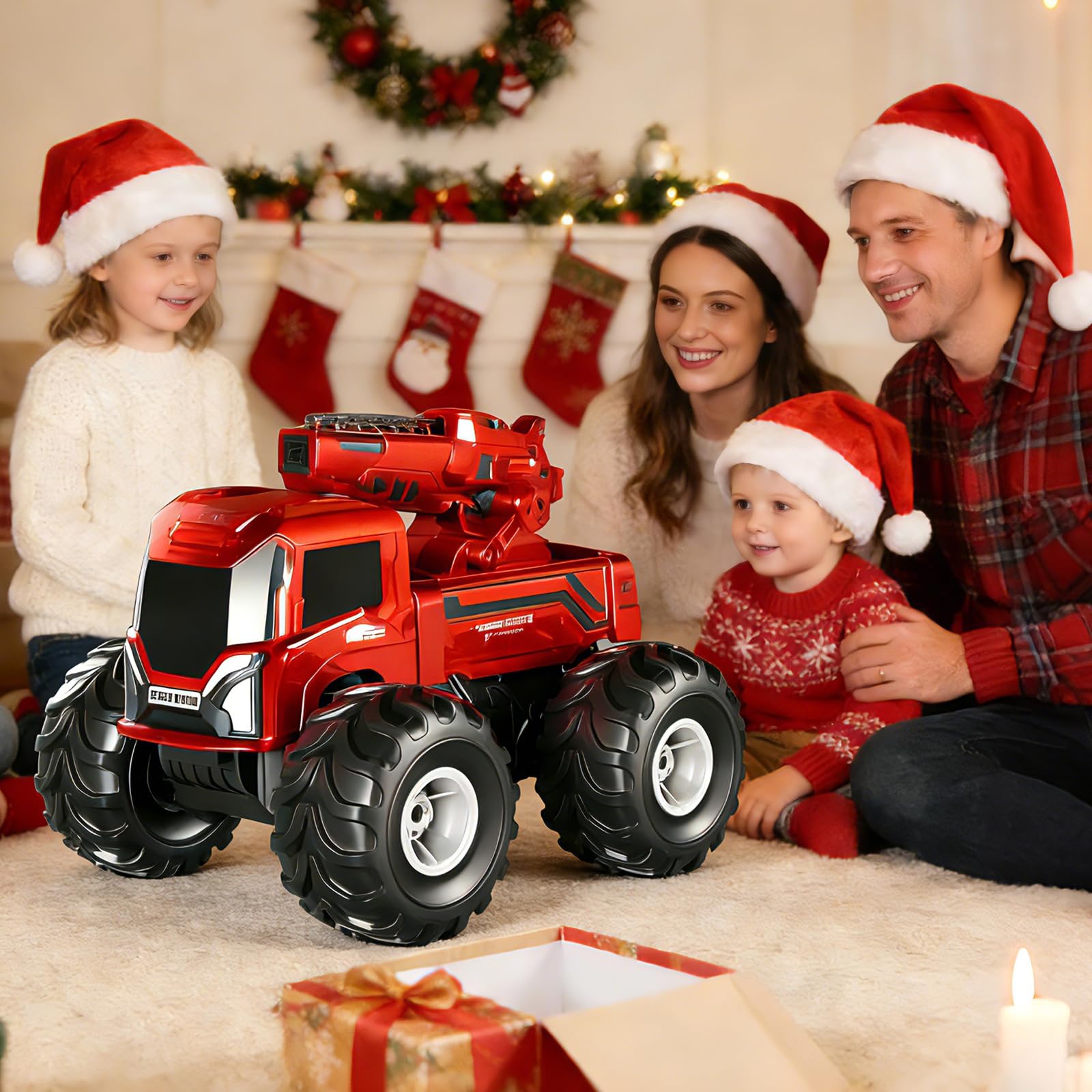 FEIMUOSI Coche teledirigido Anfibio RC Car: 4WD Todoterreno Coche RC Juguetes con cañón de Agua Luces LED Rotación de 360 cumpleaños para niños