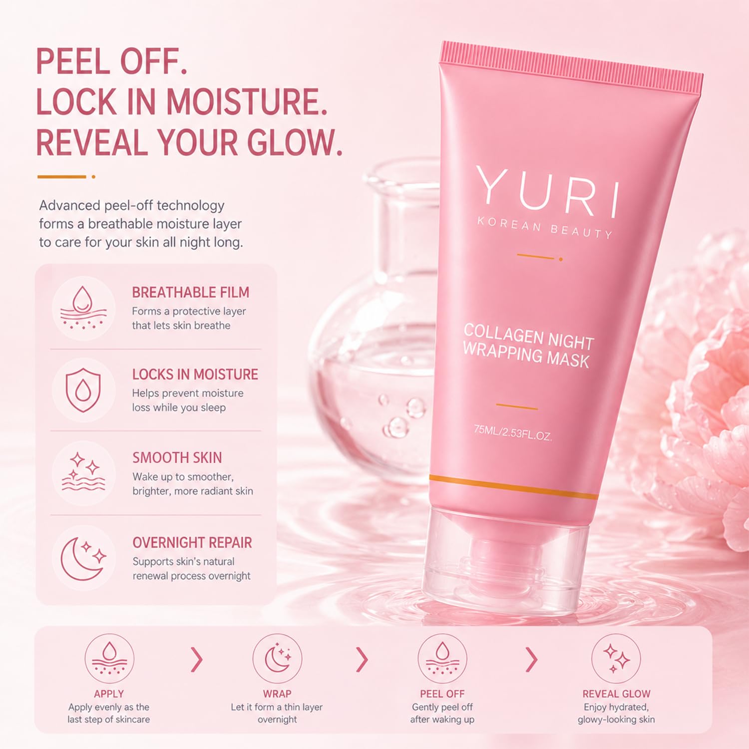 YURI Collagen Night Wrapping Mask, Peel Off Overnight Facial Mask, Daily Moisture Care for Smooth Looking Skin, Non-Greasy Facial Skincare, All Skin Types Skincare(1PC)