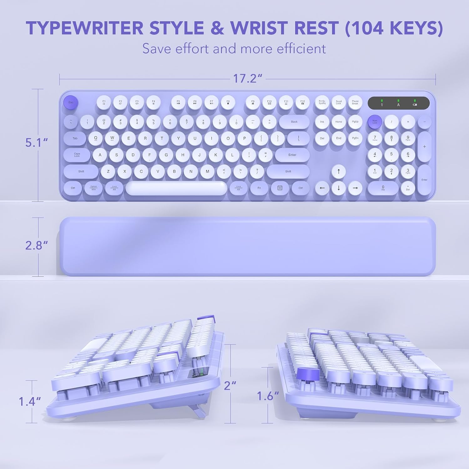 Wireless Keyboard, Round Keycaps, Retro Typewriter Keyboard with Detachable Wrist Rest, Sleep Mode, Foldable Legs, 2.4GHz Full-size Cordless Computer Keyboard for Windows/PC/Laptop (Colorful-Purple)