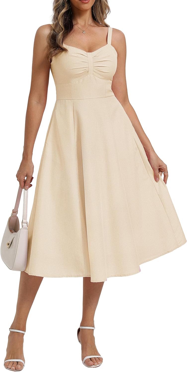 Belle Poque 1950s Vintage Gingham Dress for Women Sweetheart Neckline Midi Dresses Cocktail Tea Party Dress with Pockets