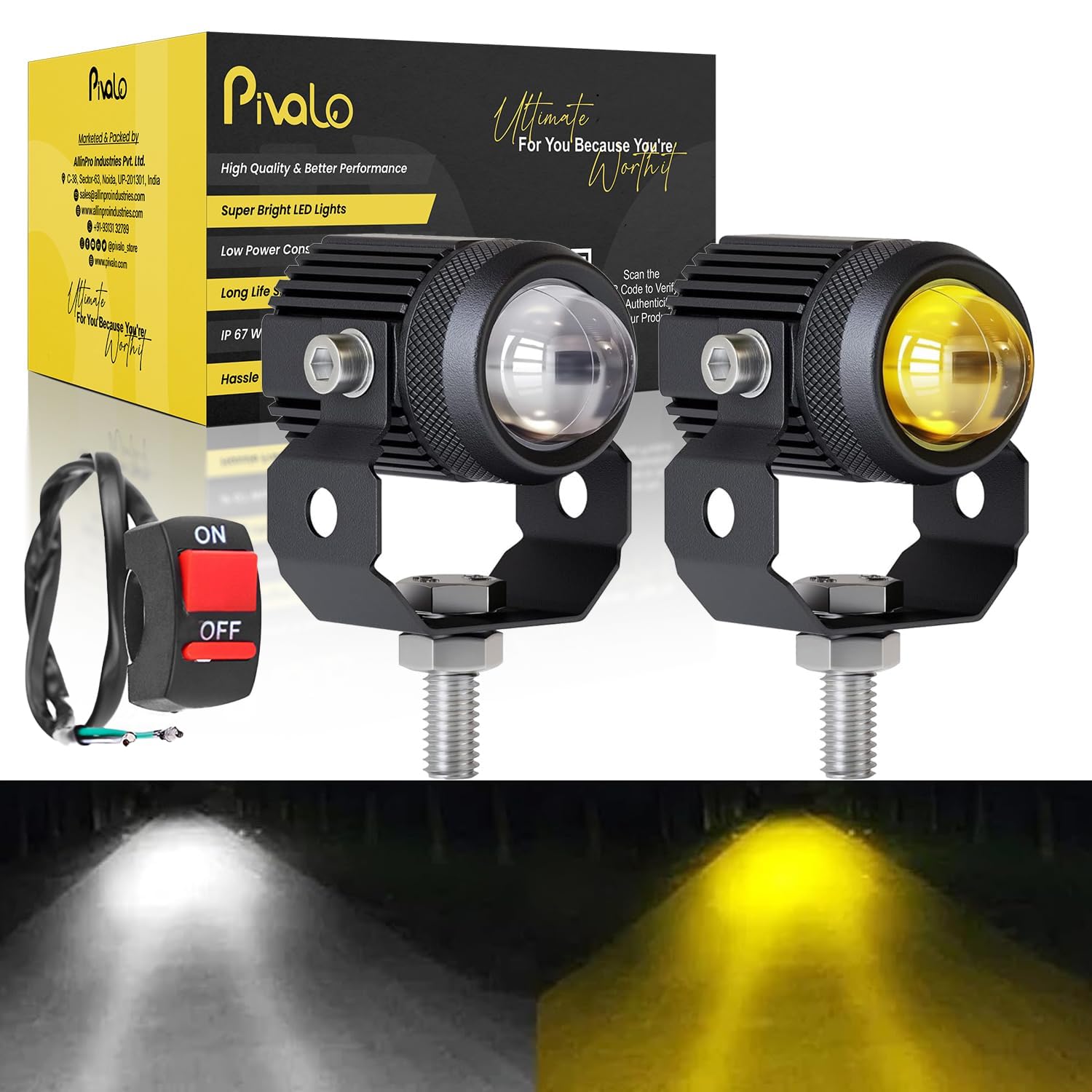 Pivalo 9V-36V DC Metal Body Fog Light with Projector Lens & Handlebar Switch, 40W LED Driving Lamp, 3000LM Temperature, Universal Spot Beam for Motorcycles, Scooters, Cars (Yellow/White,Pack of 2)-picture-25