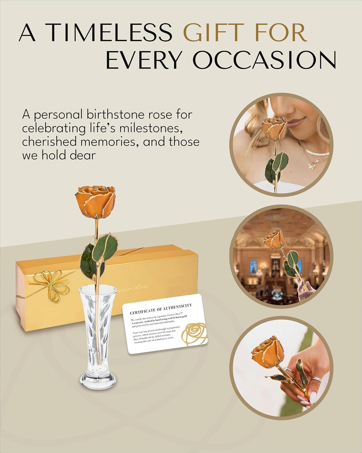 Forever Rose Hand-Dipped in 24K Gold, Golden Topaz-Inspired November Birthstone with Sparkles, Real Rose in Gold Gift Box & Clear Glass Bud Vase, Perfect Ready for November Birthday or Any Occasion