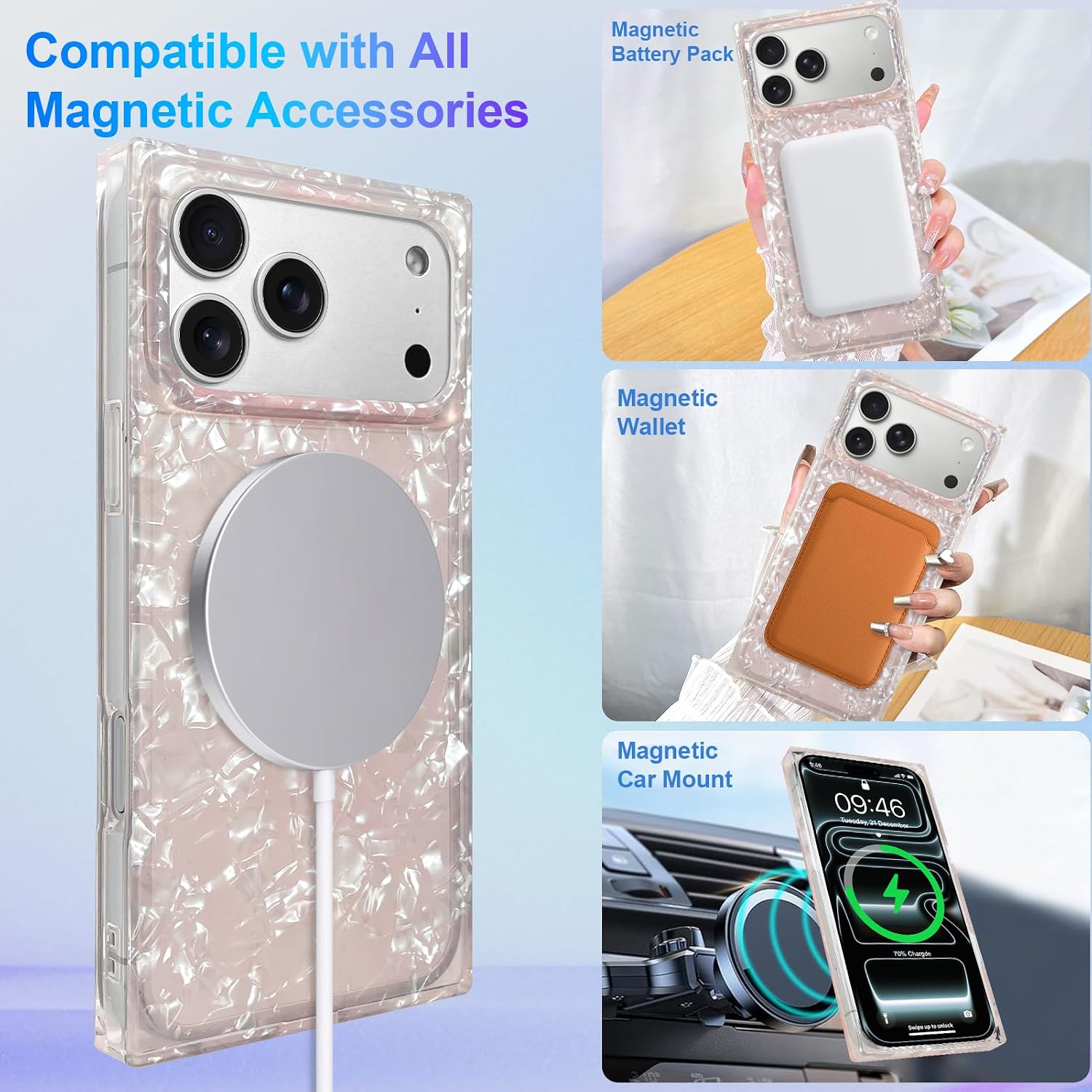 Rectangle Case for iPhone 17 Pro Max Case for Women Girls [Compatible with Magsafe] Cute Translucent Pearl Pattern Design, Aesthetic Girly Magnetic Protective Phone Cover, Pink