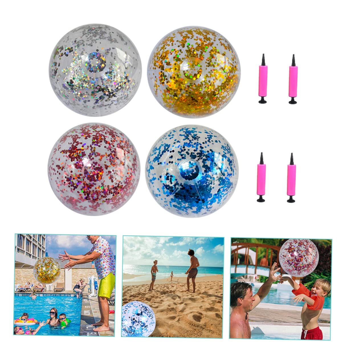 BESTonZON 2 Set Pallone Da Spiaggia Con Paillettes Scivolo Gonfiabile Per Piscina Giocattolo Da Piscina Palloni Da Spiaggia Pompa Per Gonfiaggio Palloncini Palla Gonfiabile 4 pezzi * 2