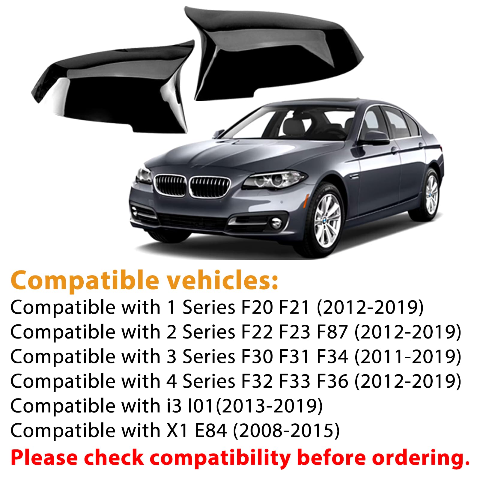 TTCR-II 2 PCS Compatible avec Coque de Rétroviseur BMW Série 1 F20 F21/2'F22 F23 F87/3'F30 F31 F34/4'F32 F33 F36/i3 I01/X1 E84 Coques de Remplacement Rétroviseurs Auto Gauche + Droite-Noir Brillant