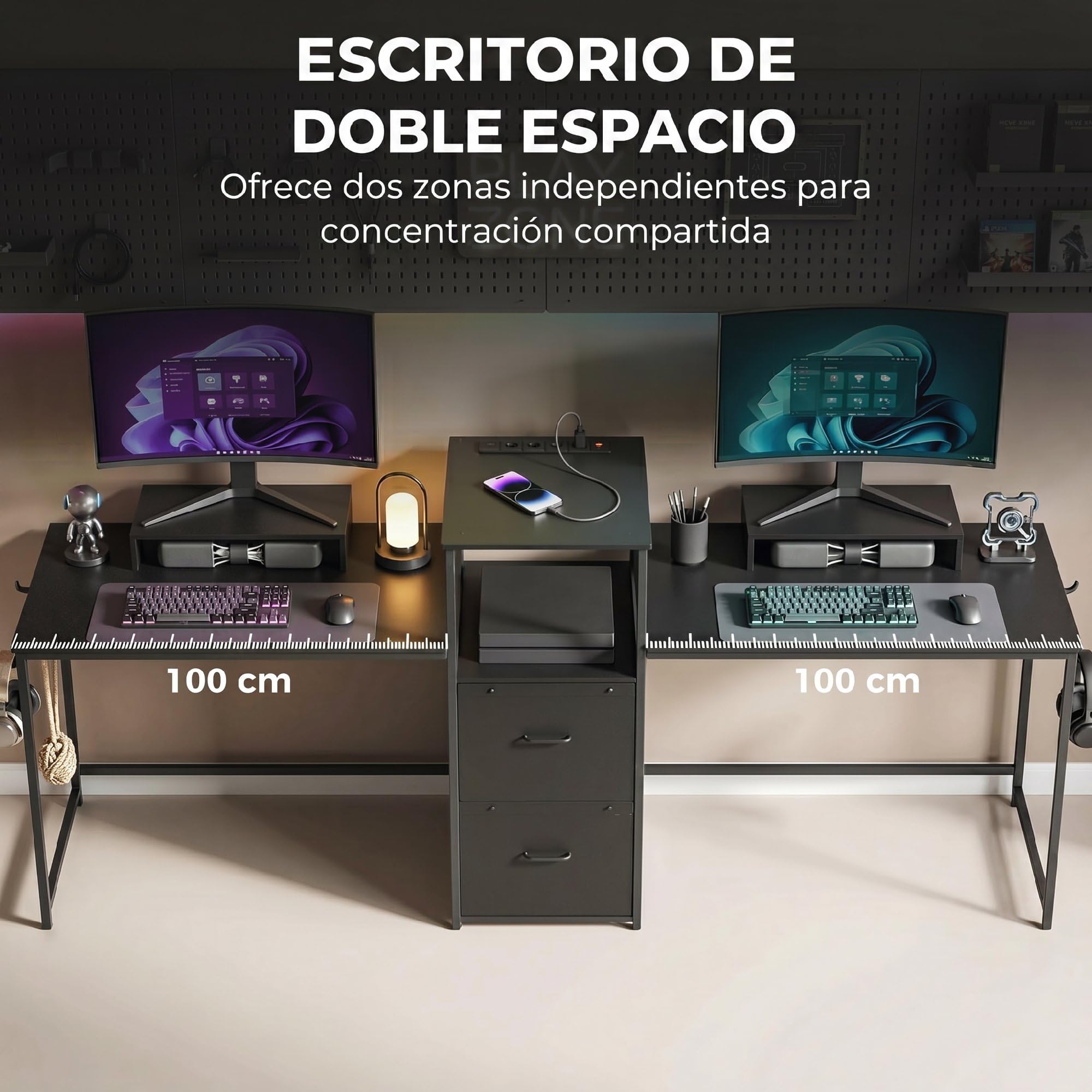 HOMCOM Mesa Gaming Doble Extralargo 244 cm con Estación de Carga Negro | Mesa Gamer, Escritorio Doble, Puertos USB, Soportes para Monitor, Cajones de Tela, Ganchos para Auriculares