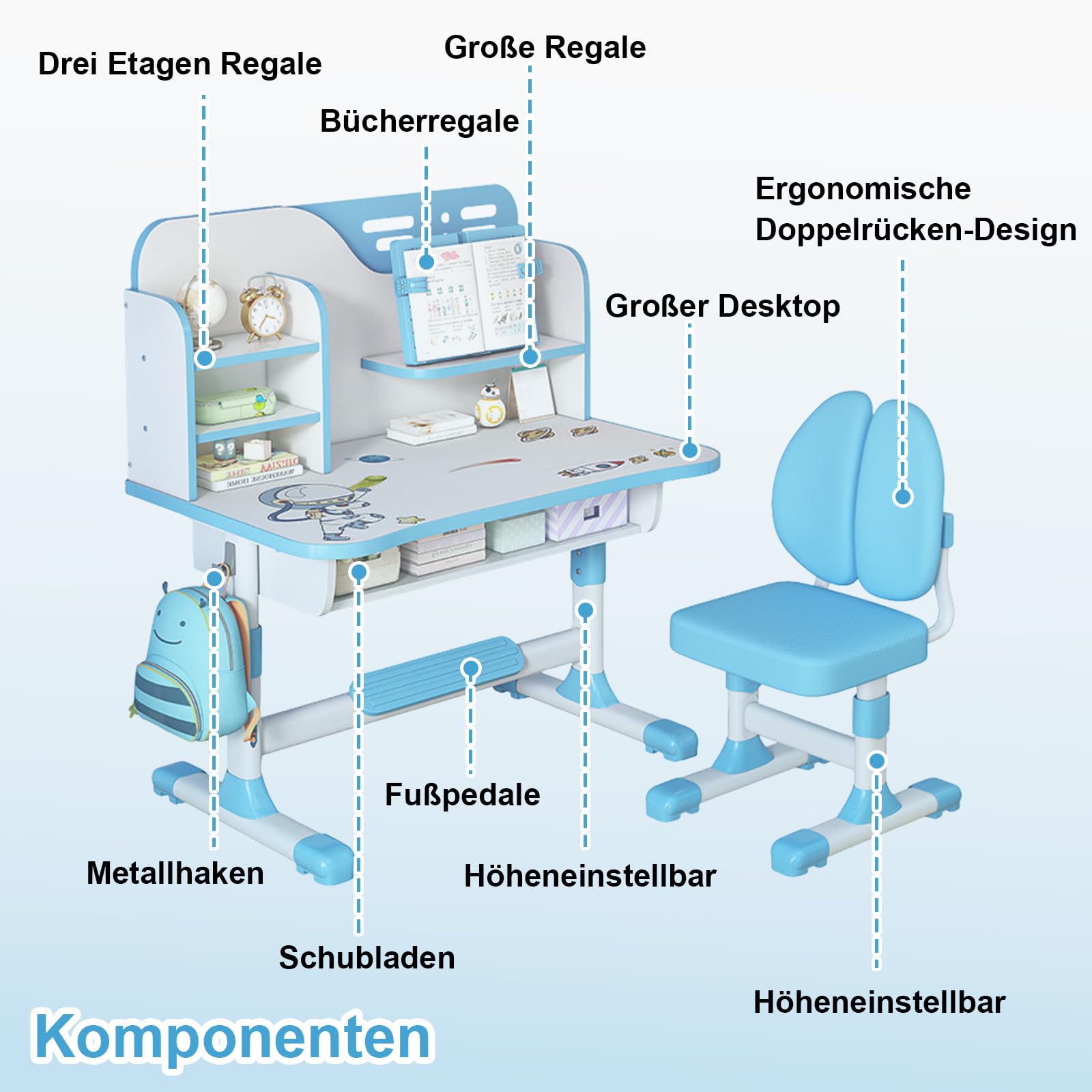 Ehozirta Kinder-Schreibtisch & Stuhl Set – Höhenverstellbar, Mit Schublade, Astronauten-Design, Für Kinder 3-18 Jahre (blau)