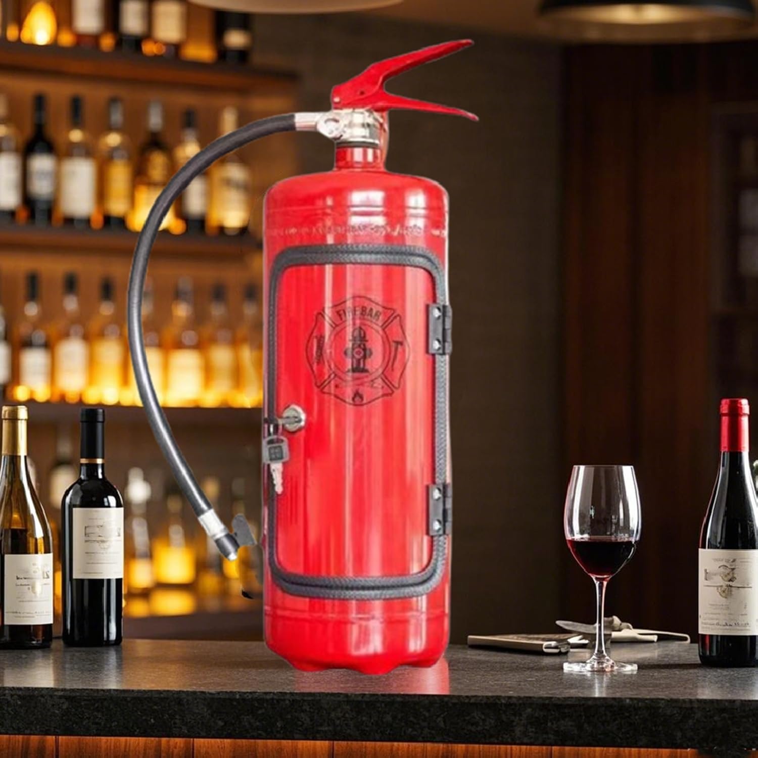 Mini Fire Extinguisher Drink Dispenser ，Creative Fire Extinguisher Shape Wine Storage System， Versatile Portable Bottle Holder ，Hidden Storage Ideal for Home Bar Parties and Events (Balck)