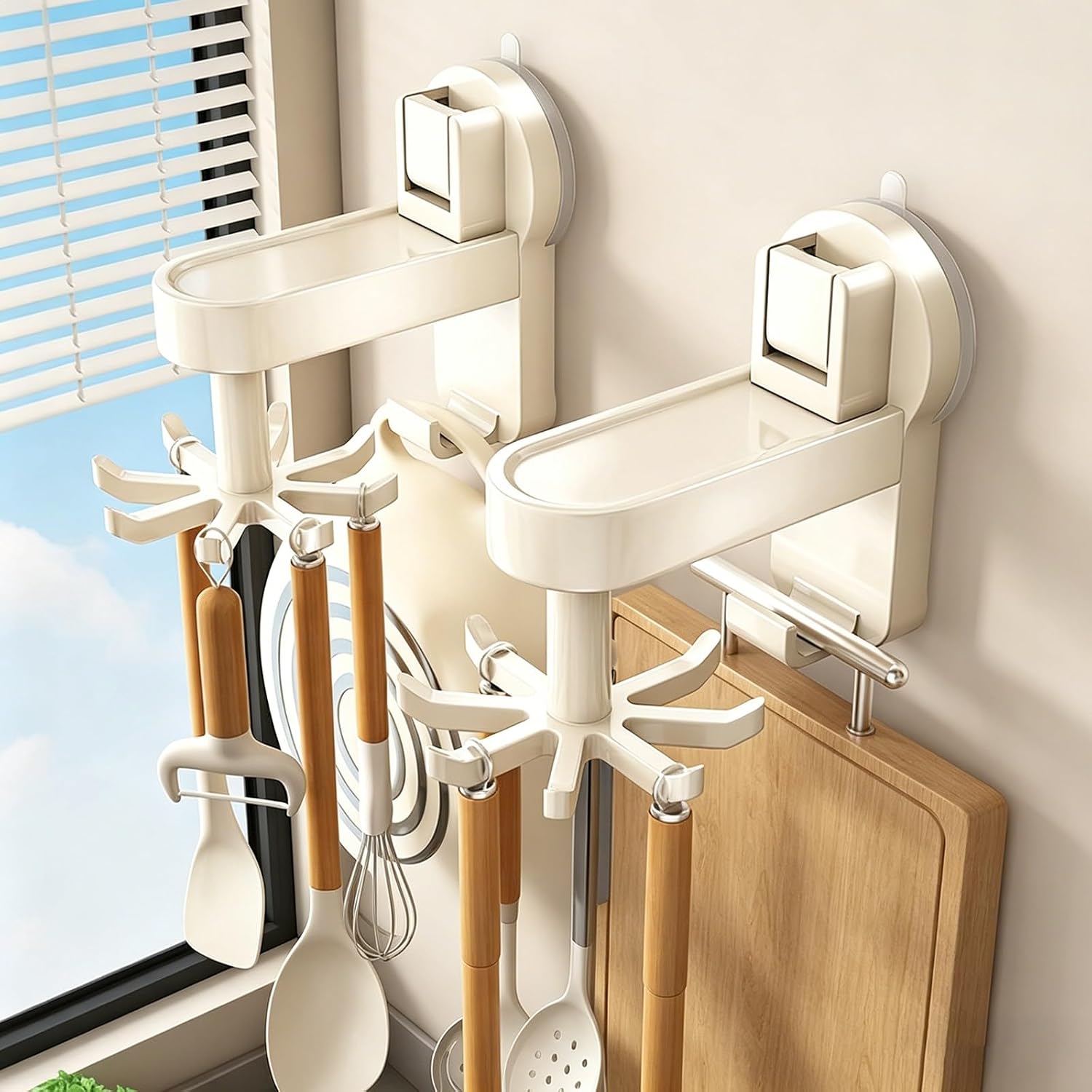 2pcs Suction Cup Utensil Holder, Rotatable Kitchen Utensil Rack with 8 Hooks, Space Saving, Drill-Free Wall Mounted Kitchen Organizer for Spoons, Spatulas, Cutting Boards(Black)