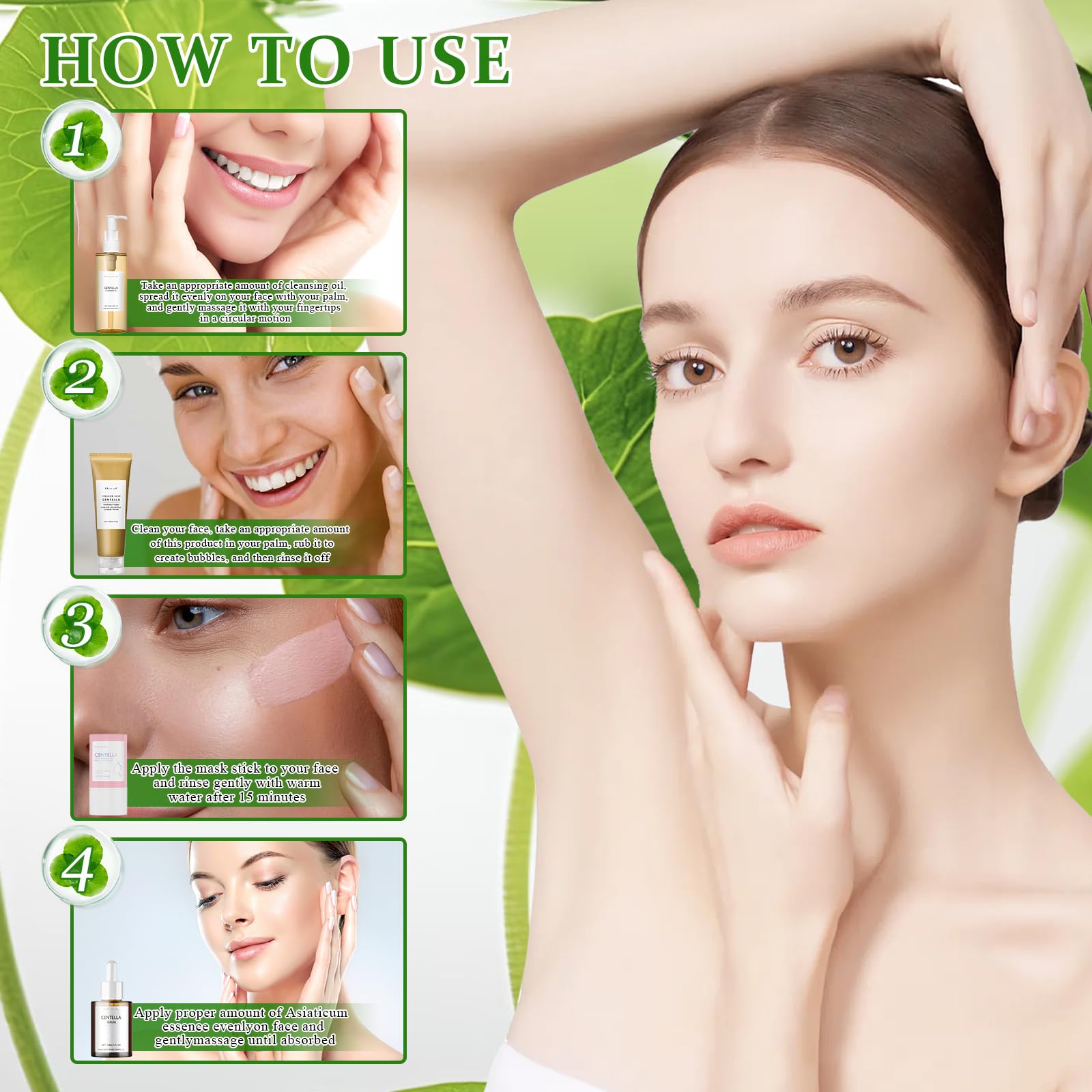 4 Pezzi Centella Kit, Centella Cleansing Oil + Centella Detergente Viso | Centella Siero Viso + Centella Stick Mask, Skincare Kit, Nutrire, Delicato e Leggero, per Pelli Sensibili