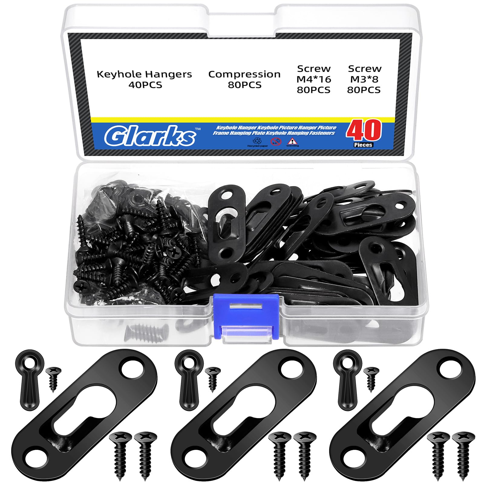 Glarks 280pcs 45 x 16mm Keyhole Hangers, Black Keyhole Shelf Hanger with Screw, Keyhole Shelf Brackets Hangers, Single Keyhole Hanging Plate for Wall Mounting Coat Rack, Wooden Board, Mug