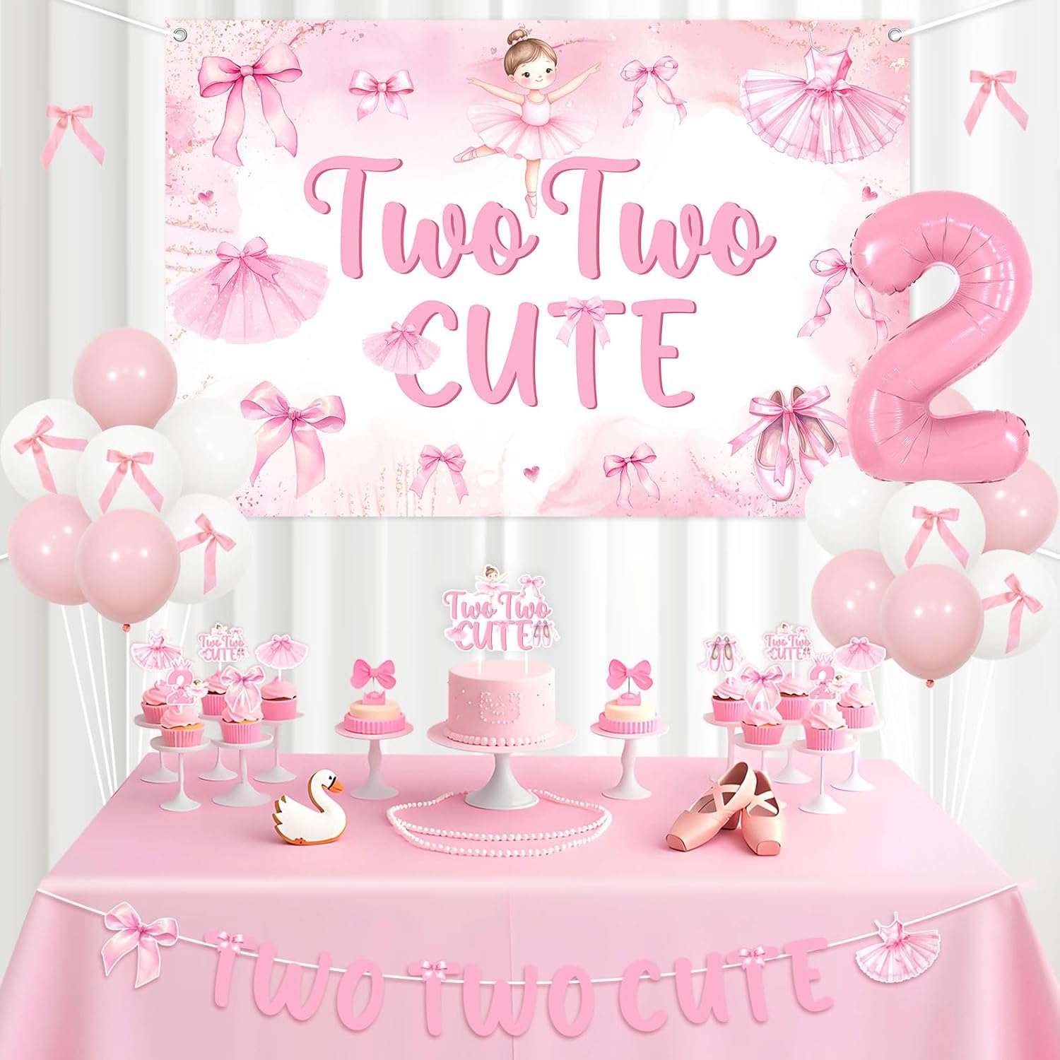 Jollyboom Two Two Cute Birthday Decorations, Ballet and Bows Party Decorations Tutu Cute 2nd Backdrop Banner Cake Cupcake Toppers Number 2 Foil Balloons for Ballerina 2 Year Old Birthday Party Girl