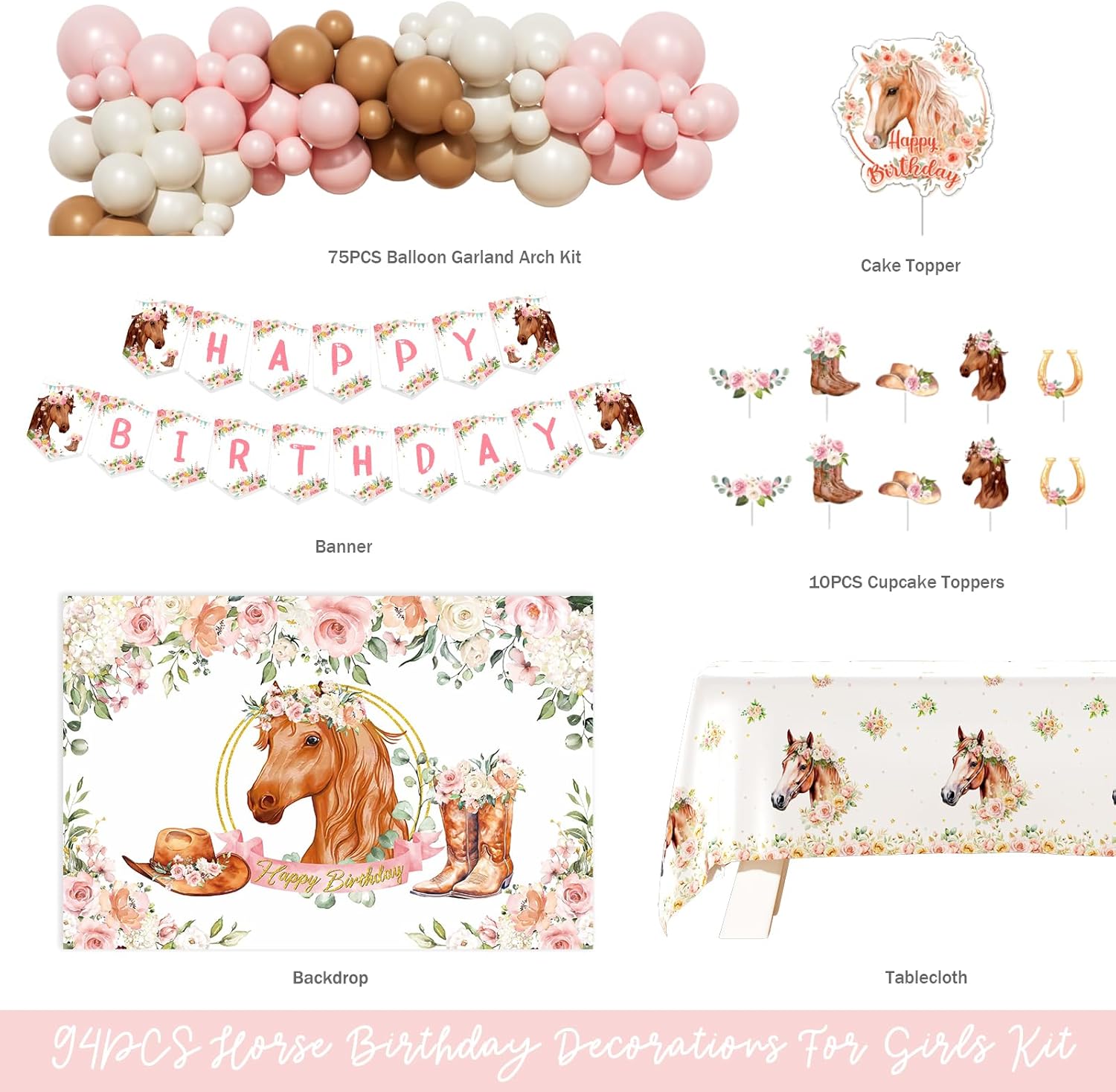 Party Inspo Horse Birthday Decorations for Girls – 94PCS Western Cowgirl Rodeo Party Supplies Set with Backdrop, Pink Brown Balloon Garland, Banner, Tablecloth, Hat Boot Flower