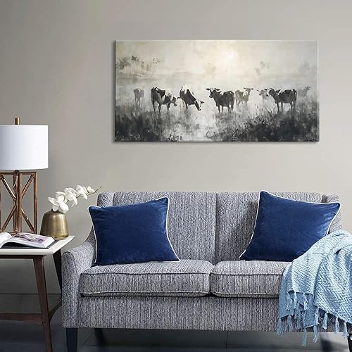 Miniatura 4 de LASMOND Arte de pared de vaca en blanco y negro para sala de estar, lienzo lavado de tinta, impresiones de ganado matutino, obra de arte vintage de