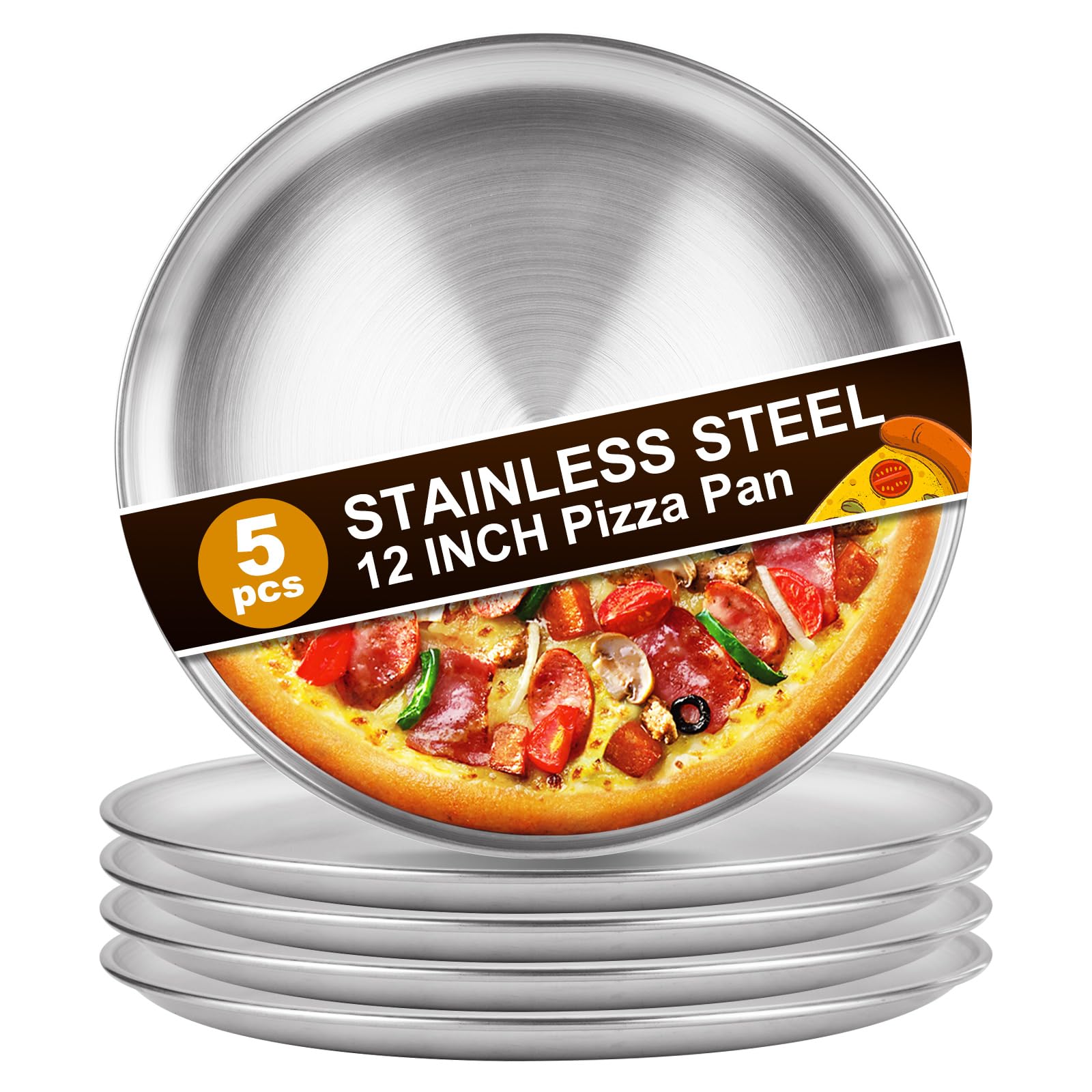 DAJAVE 5Pcs 12 Inch Pizza Tray Stainless Steel Pizza Pan 30cm Pizzas Pan for Oven Non Stick Oven Pizzas Tray for Baking, Healthy and Durable, Dishwasher Safe