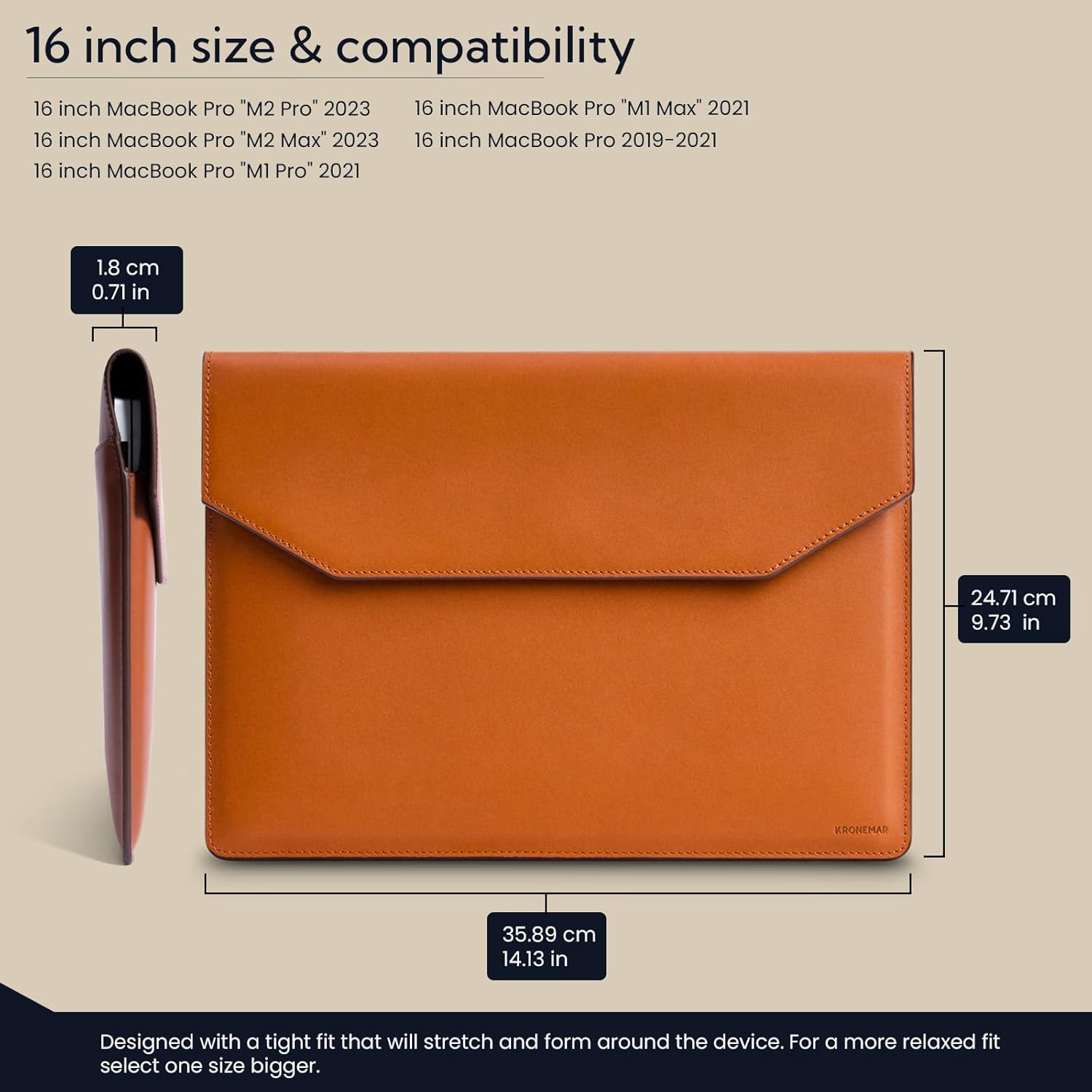 16 inch Premium Full-grain Leather Laptop Sleeve Case - Compatible with MacBook Pro M1/M2/M3/M4 (2019-24) & Air 15-inch (2023-24) - Loose Fit, Razer Blade 15, Microsoft Surface Laptop 3 - Tan - Image 4