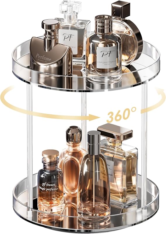 Organizador giratório de perfumes Lolalet em acrílico transparente, 2 compartimentos, base redonda
