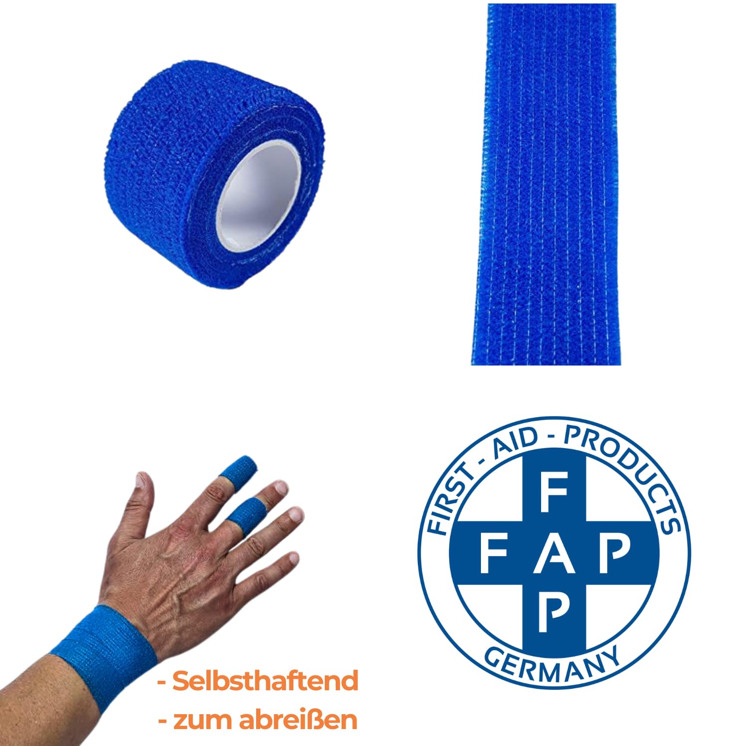 Fingerschnellverband selbsthaftend blau – 120er Pack – kohäsive Bandage ohne Klebstoff – wasserfest, elastisch, latexfrei – je 2,5 cm x 5 m – für Finger, Fingerkuppen & Gelenke