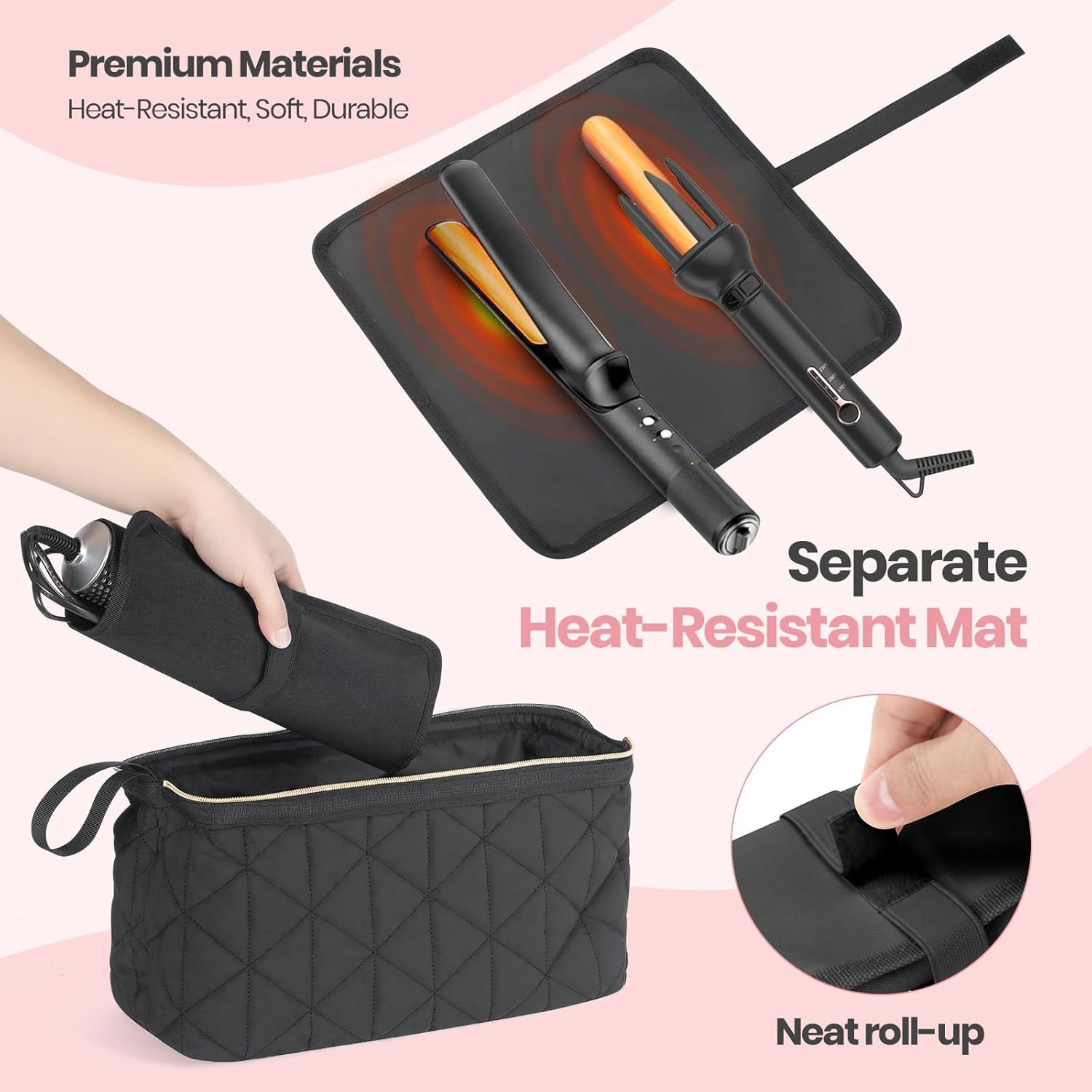 Hair Tools Travel Bag with Separate Heat Resistant Mat, Large Portable Organizer Bag for Women to Store Hair Dryers, Flat Irons, Curling Irons, Straighteners & Hair Accessories, Black