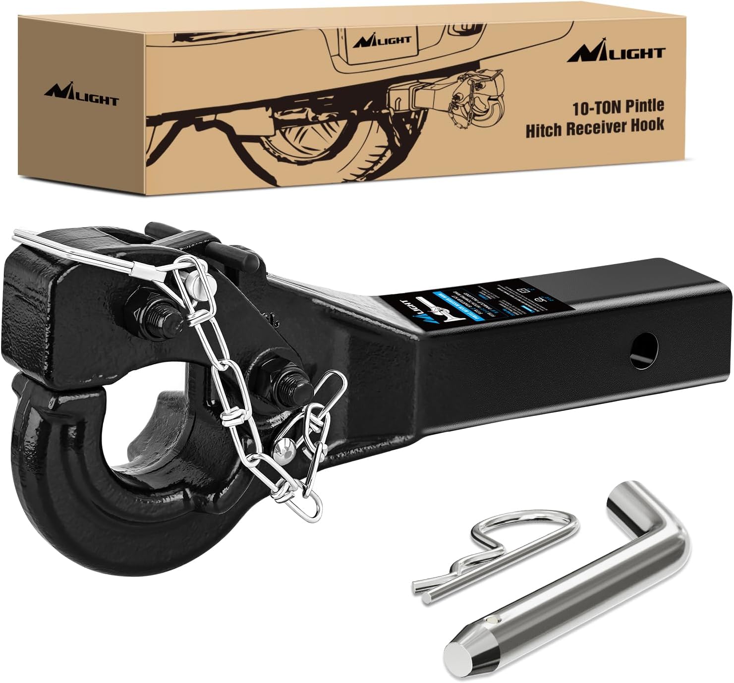 Nilight 10-TON Pintle Hitch for 2-Inch Receiver Hook Military Receiver 20000LBS,Fits 2-1/2 in Lunette Ring, Gloss Black Powder Coat