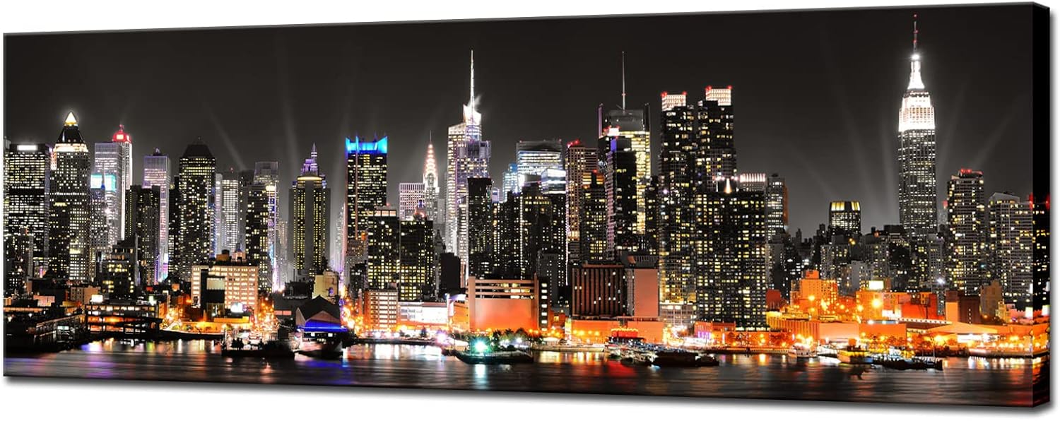 Biuteawal New York City Canvas Wall Art Manhattan Skyline at Night Picture Prints Framed NYC Skyline Landscape Artwork Modern Canvas Print Art for Home Office Living Room Decor