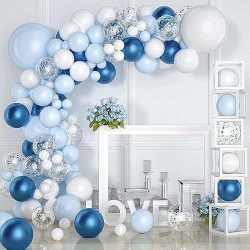 Globos azules y blancos, kit de arco de guirnalda de globos azules y blancos, 102 globos azul pastel y blanco para baby shower, cumpleaños, boda,