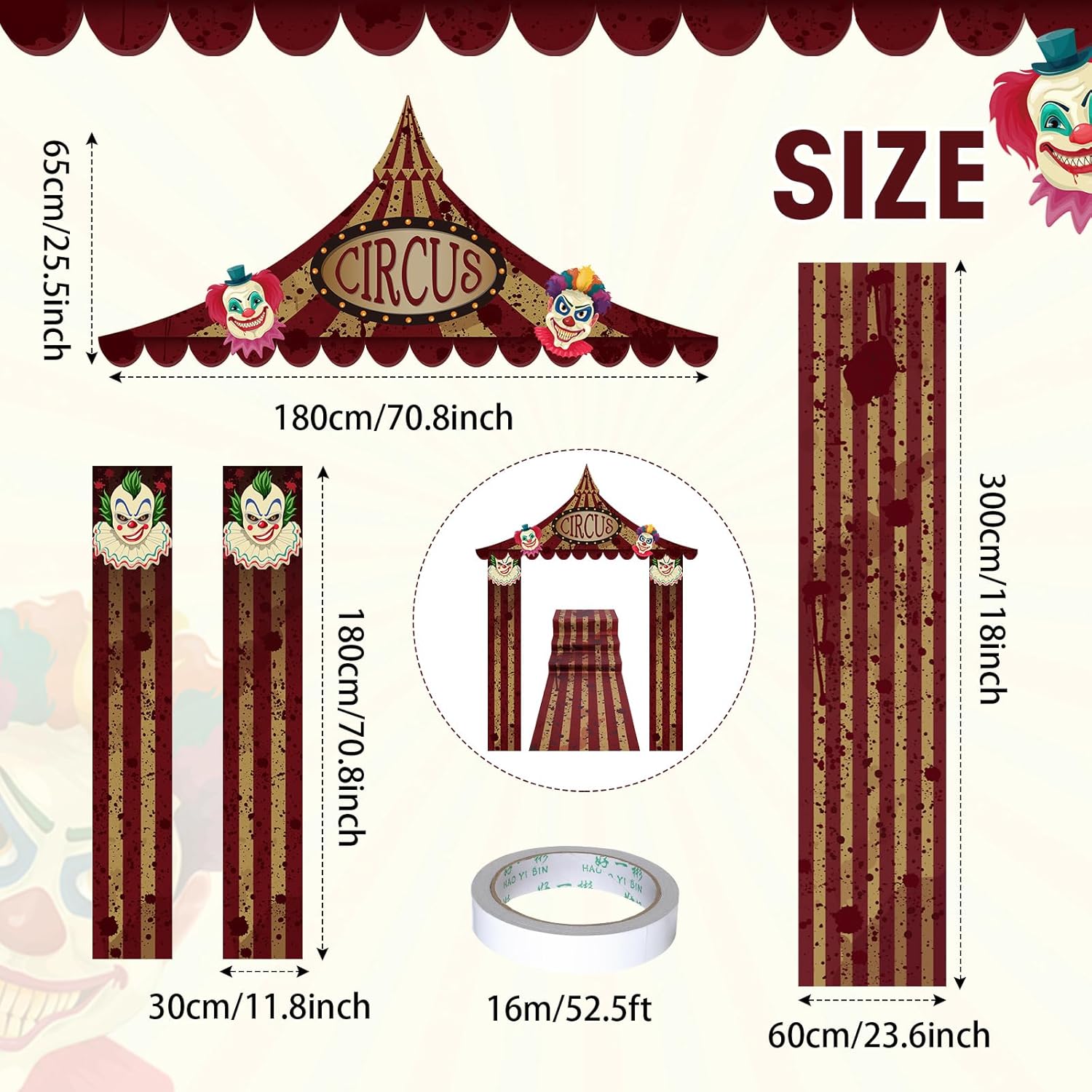 4 Pcs Carnival Circus Tent Decorations Carnival Entryway Door Party Decor Awning Hanging Banner Aisle Runners Supply for Circus Theme Birthday Celebration(Clown) - Image 2