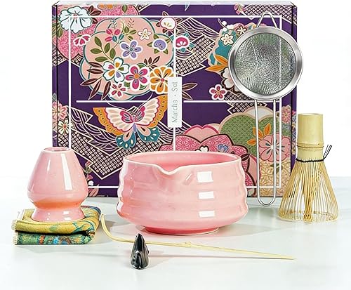 Juego de matcha, juego de batidor de matcha incluye cuenco de matcha con boquilla, batidor de bambú, soporte para batidor de matcha, tamiz, cuchara,