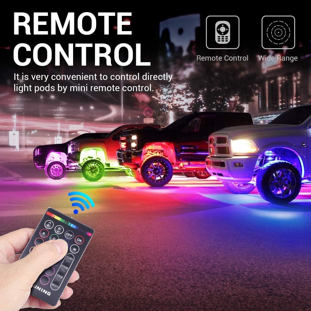 MICTUNING 2026 Upgraded RGB Rock Lights Kit, 8 Pods Underglow Multicolor Neon Light Pod with RF Remote Control Waterproof 12V for Car Trucks ATV UTV RZR SUV Golf Cart, 2 Years Warranty