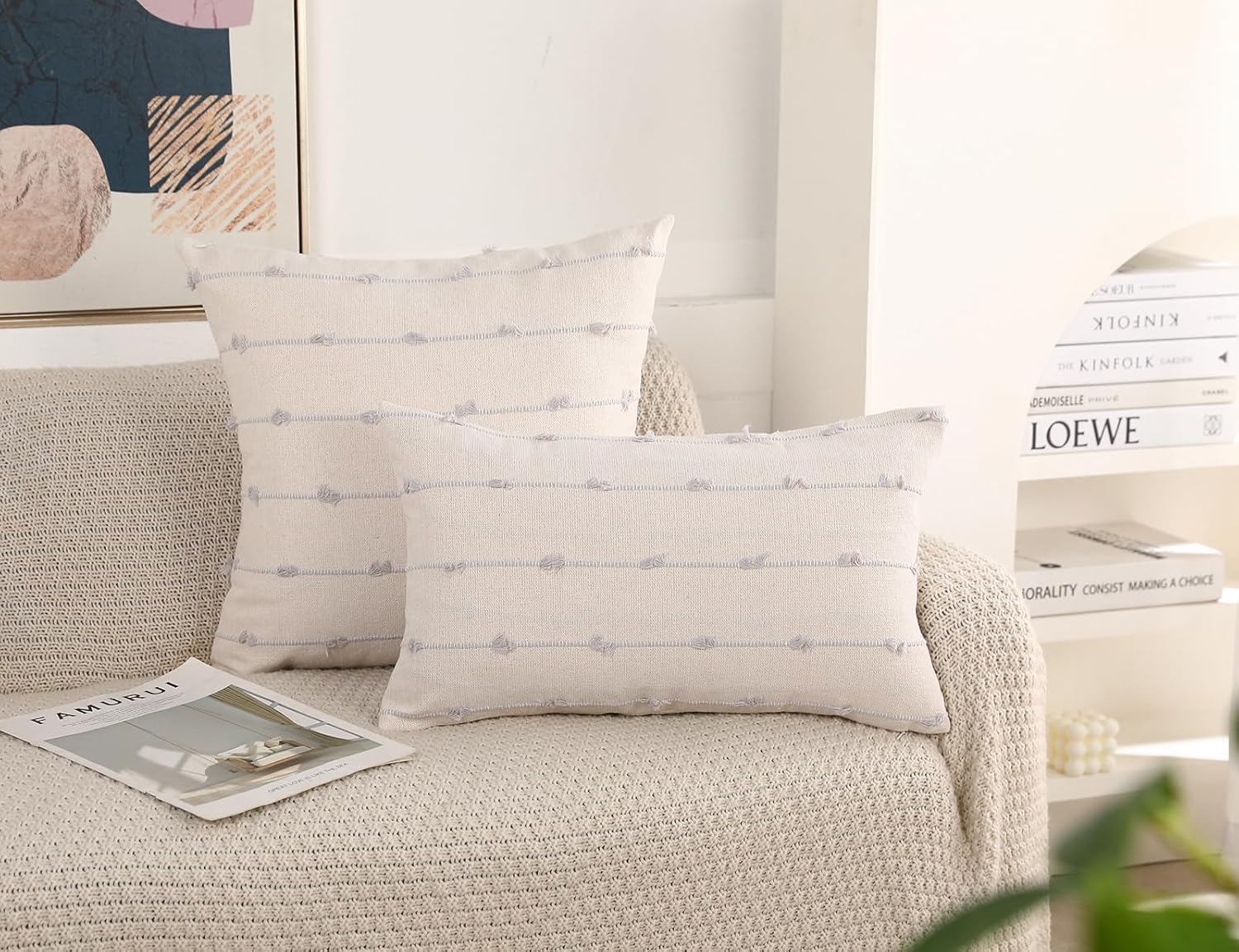 NUYECY Set of 2 Boho Throw Pillow Covers 26x26,Stone Grey and White Neutral Couch Pillow Case with Tassel Fringe Decorative,Modern Accent Farmhouse Cushion Covers for Sofa Couch Bed Living Room