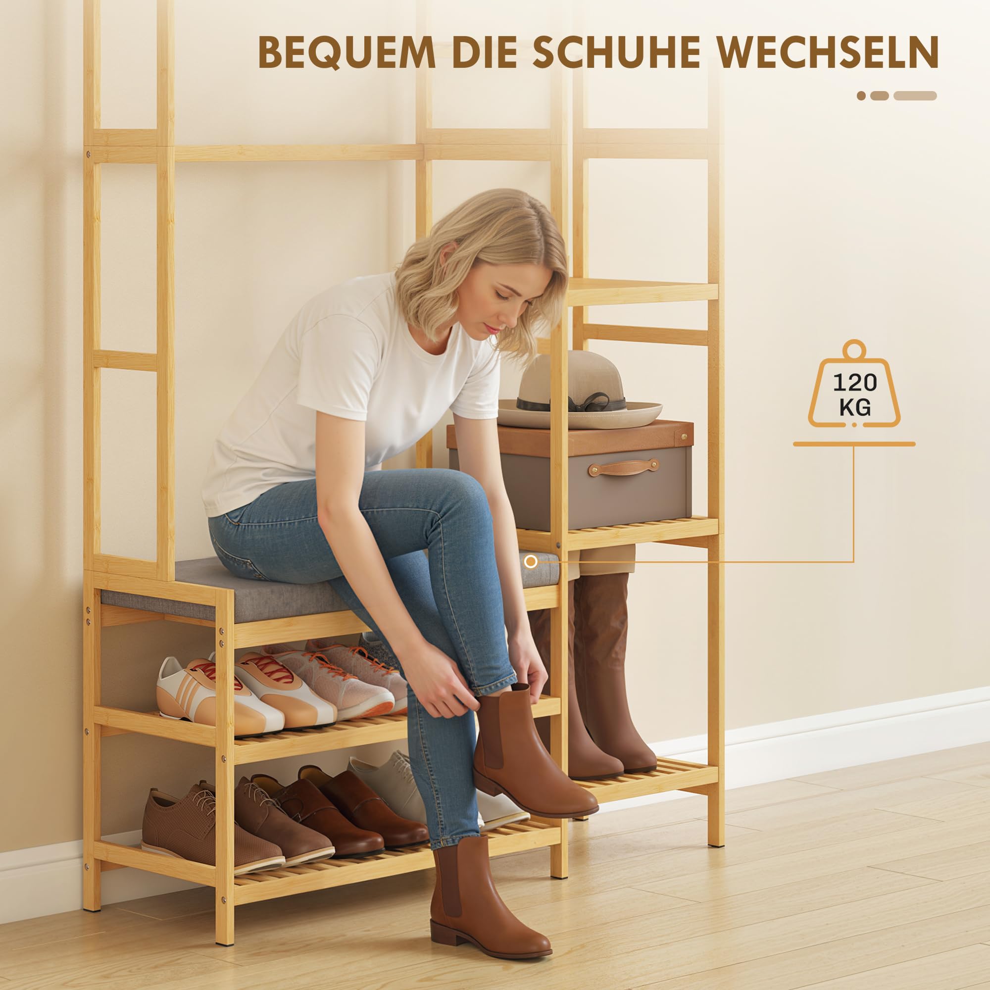 HOMCOM Perchero, 10 ganchos, Natural, Altura 175 cm | Banco acolchado con 2 estantes, barra ropa, 5 compartimentos abiertos, perchero para pasillo, dormitorio, sala