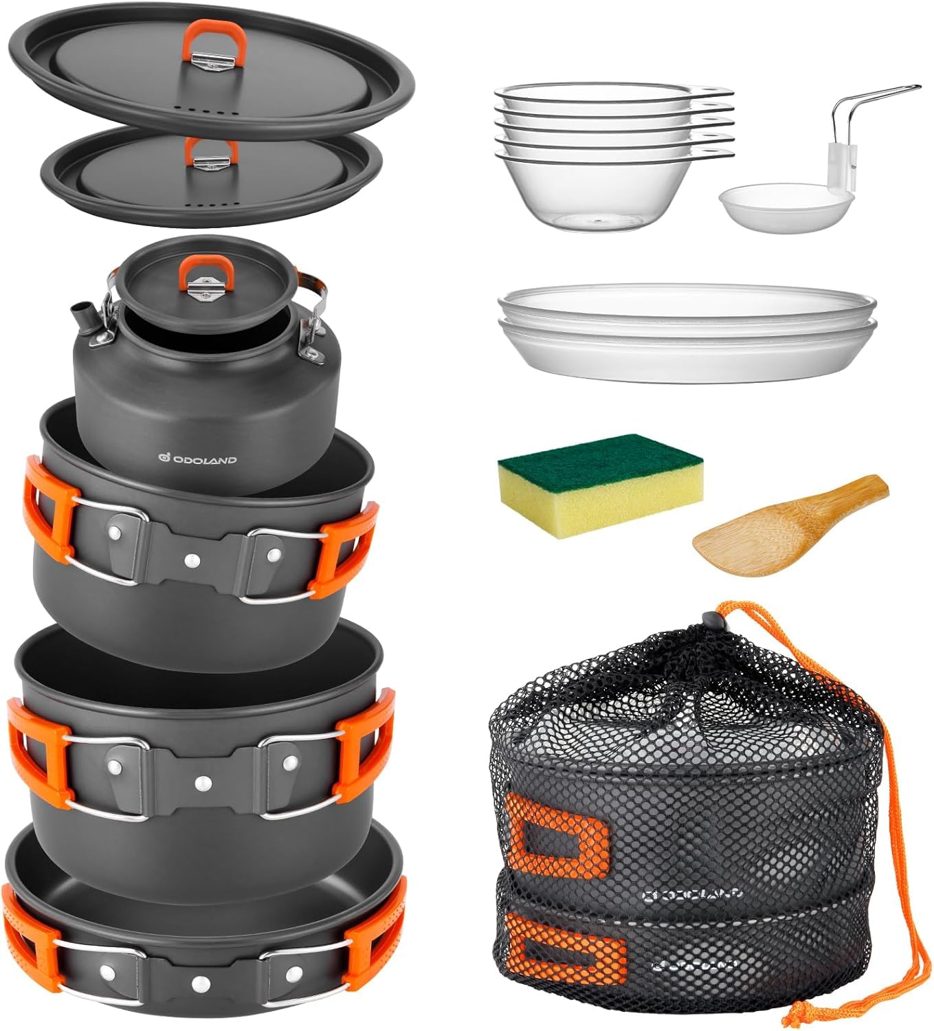 Odoland Camping Cookware Set Non-Stick Lightweight Camping Kettle Pots and Pans Mess Kit with Bowls Soup Spoon for Backpacking, Outdoor Cooking and Picnic for 4-6 People