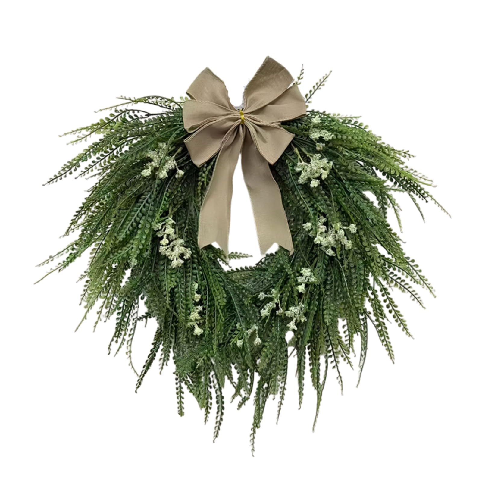 Jorcedi Pink Artificial Fern Wreath,Spring Summer Green Wreath With Flowers, Lifelike Artificial Door Wreaths,All Seasons,Decorations For Farmhouse,Window,Wedding,Wall, Fireplace (50Cm)