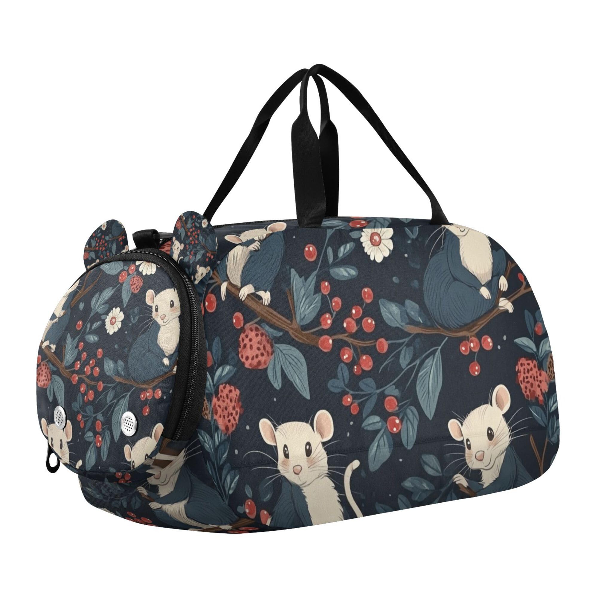 Glaphy Cute Opossums Floral Flowers Duffle Bag for Toddler Boys Girls, Gym Sports Bag with Shoe Compartments, Kids Travel Overnight Weekender Shoulder Bag